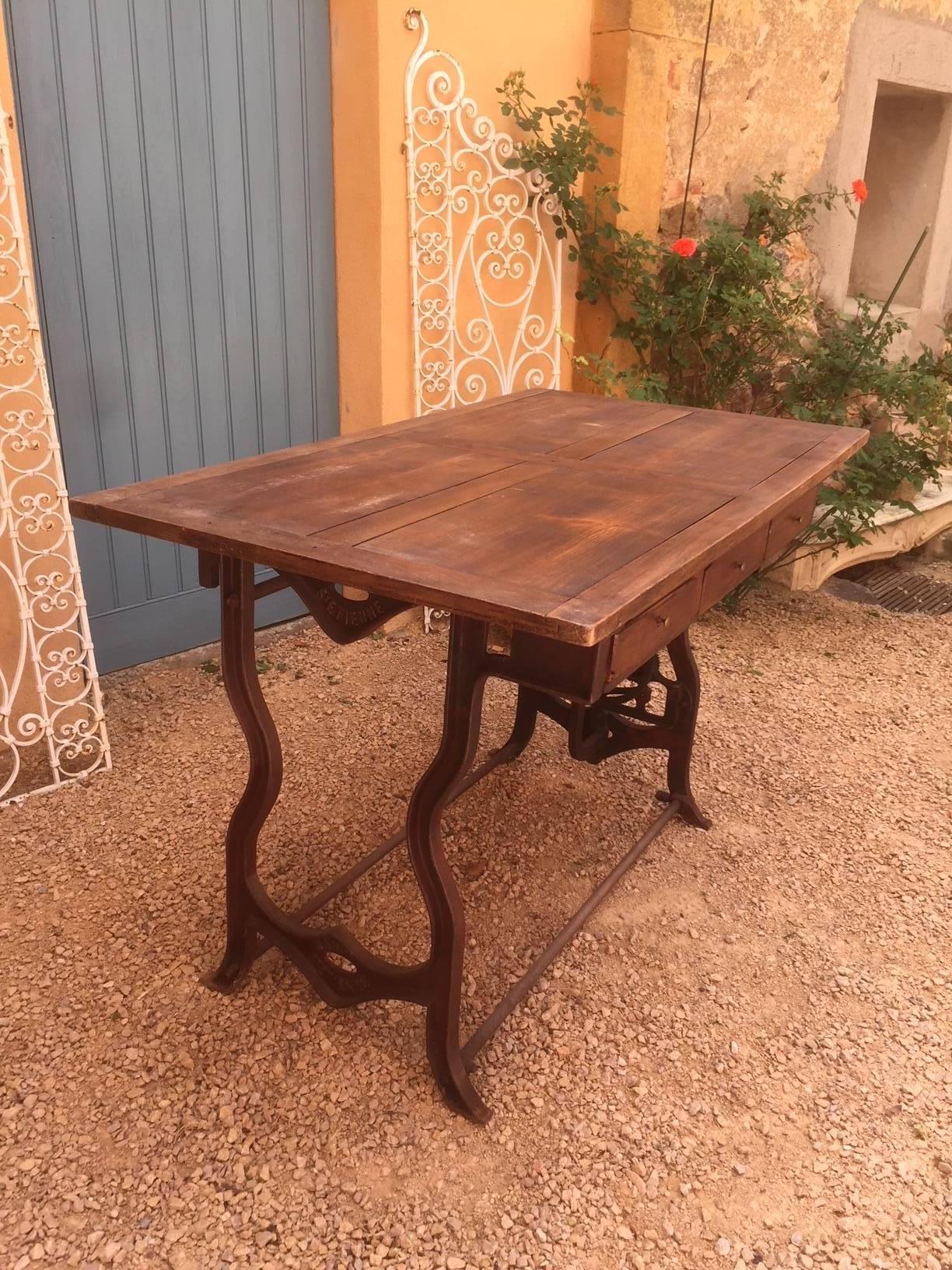 French Old Metal Machine Base and Wood Top Table, 1950s In Good Condition In LEGNY, FR