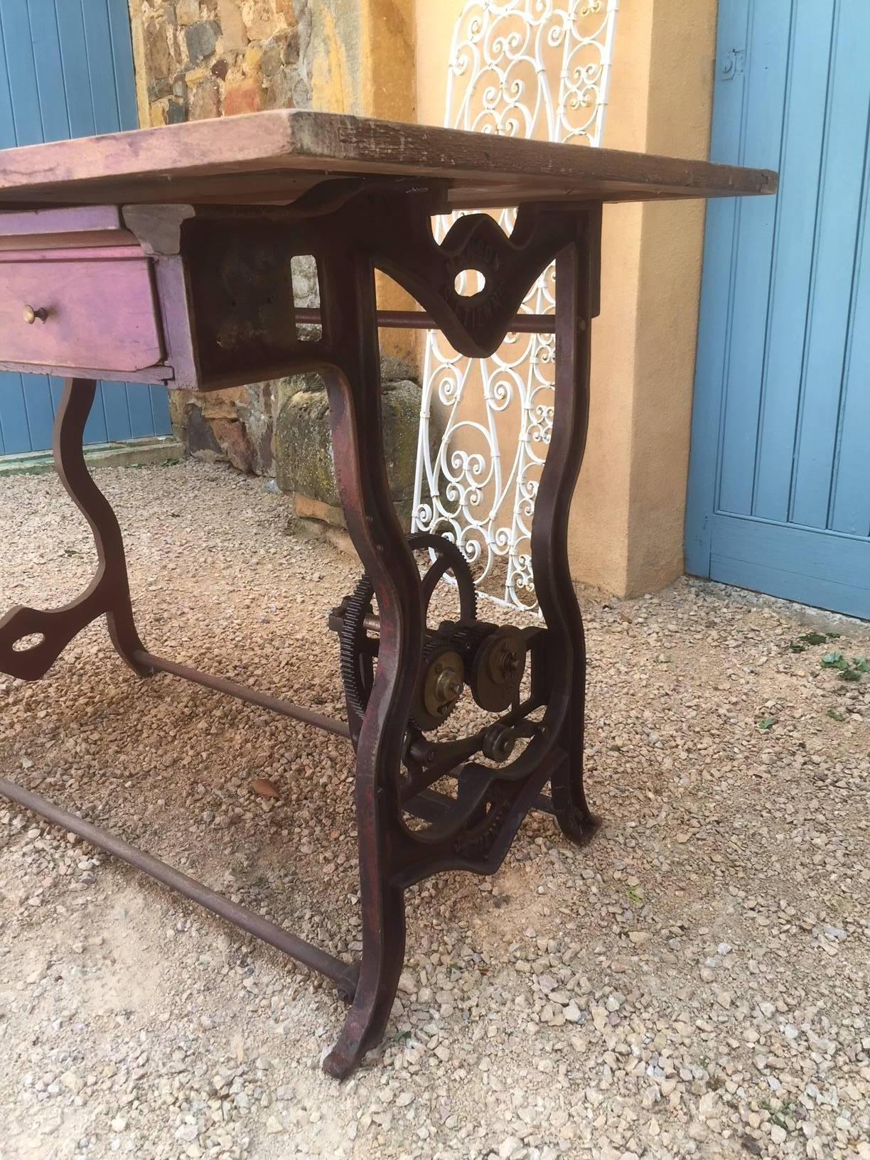 Mid-20th Century French Old Metal Machine Base and Wood Top Table, 1950s
