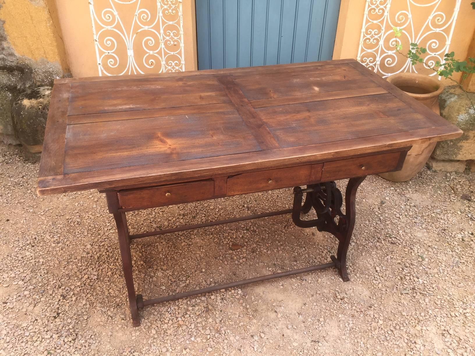 French Old Metal Machine Base and Wood Top Table, 1950s 4