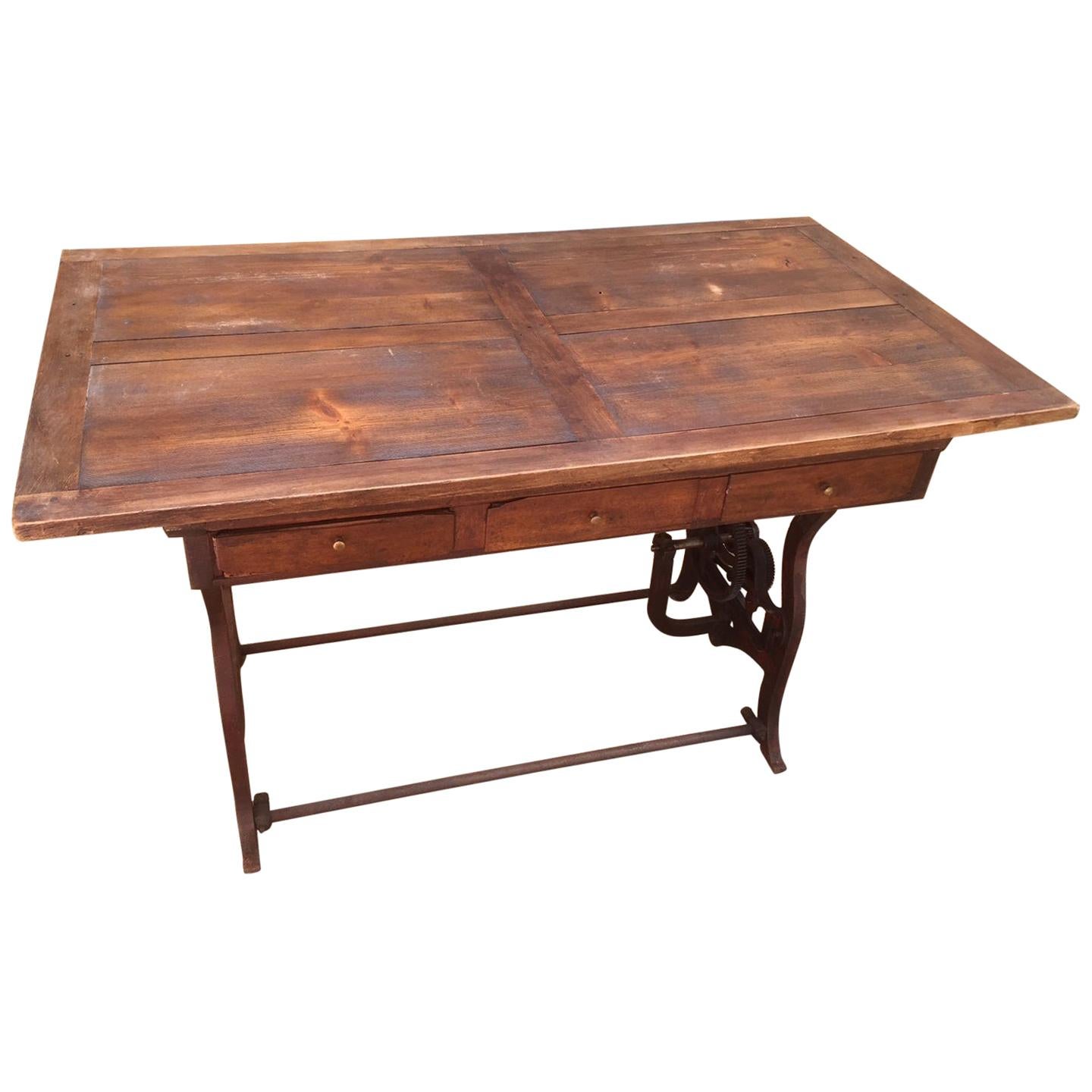 French Old Metal Machine Base and Wood Top Table, 1950s