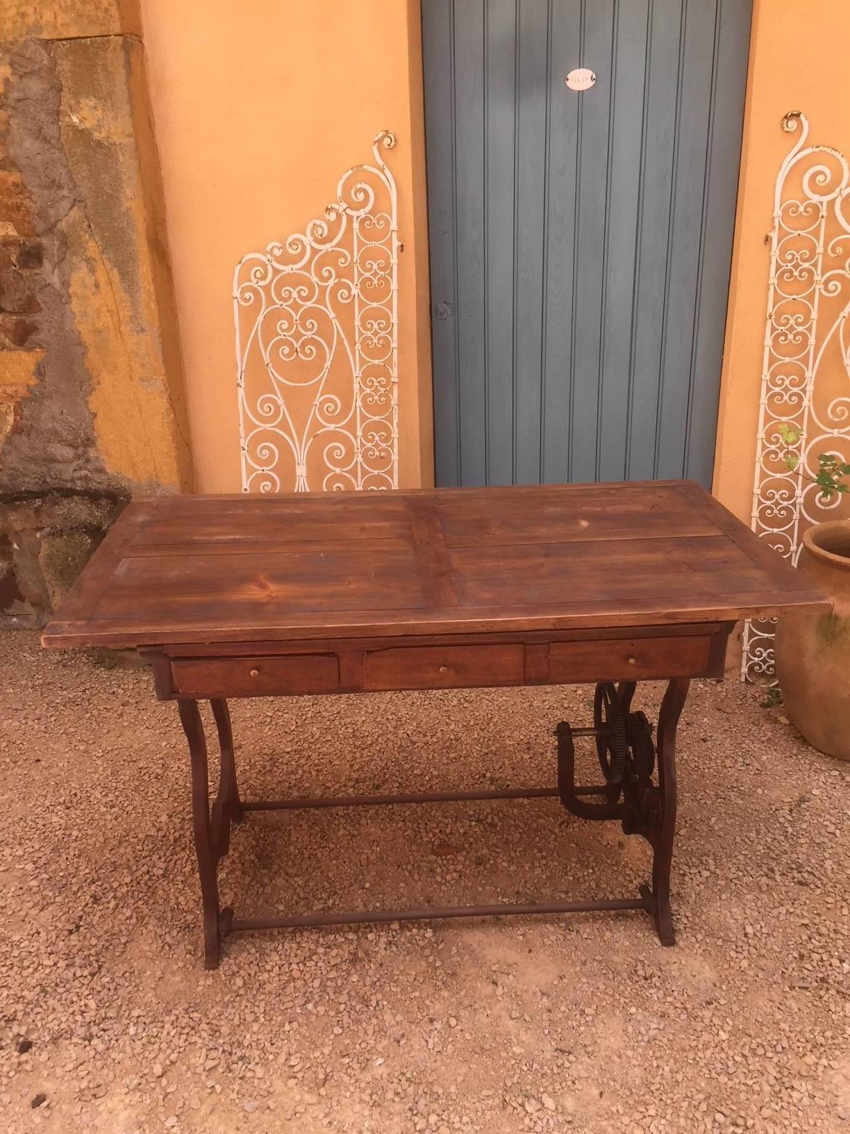 Industrial French Old Metal Machine Base and Wood Top Table