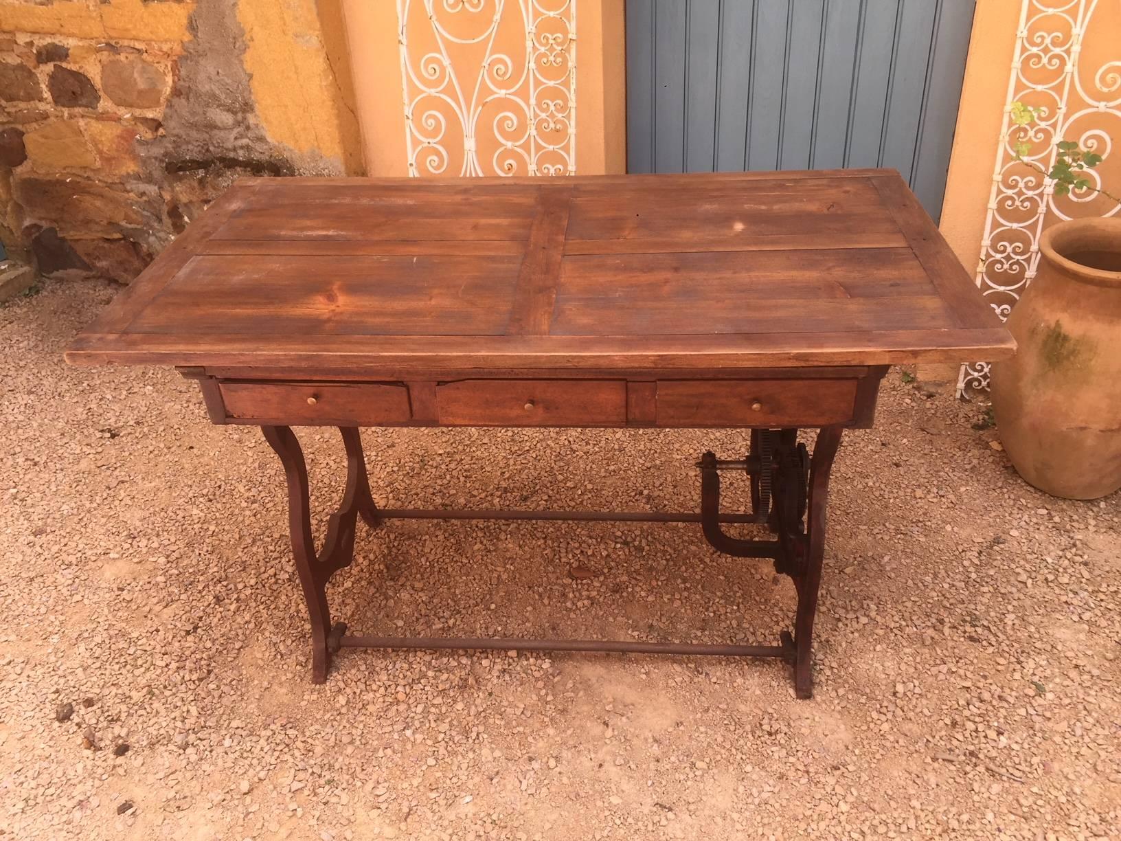 French Old Metal Machine Base and Wood Top Table 3