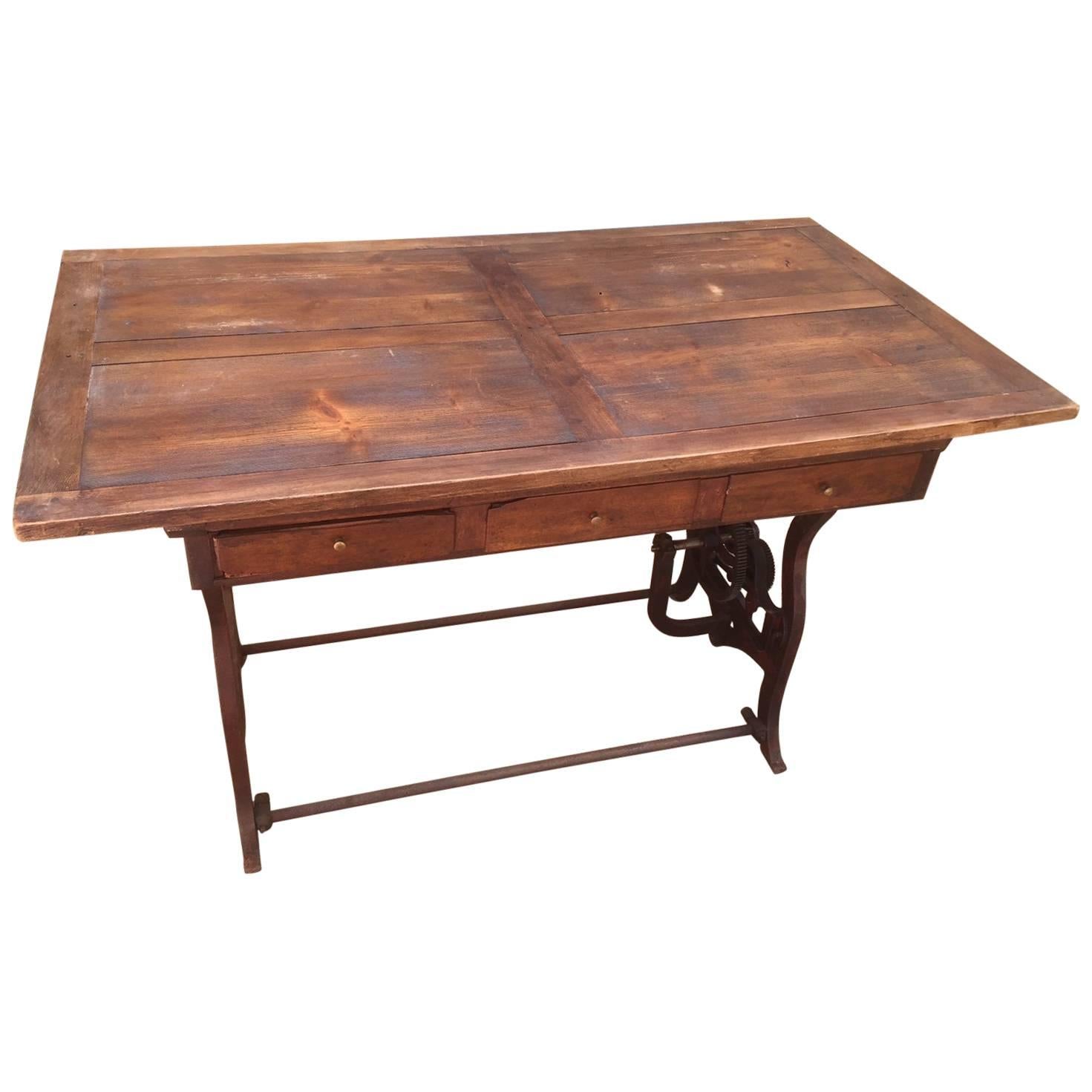 French Old Metal Machine Base and Wood Top Table