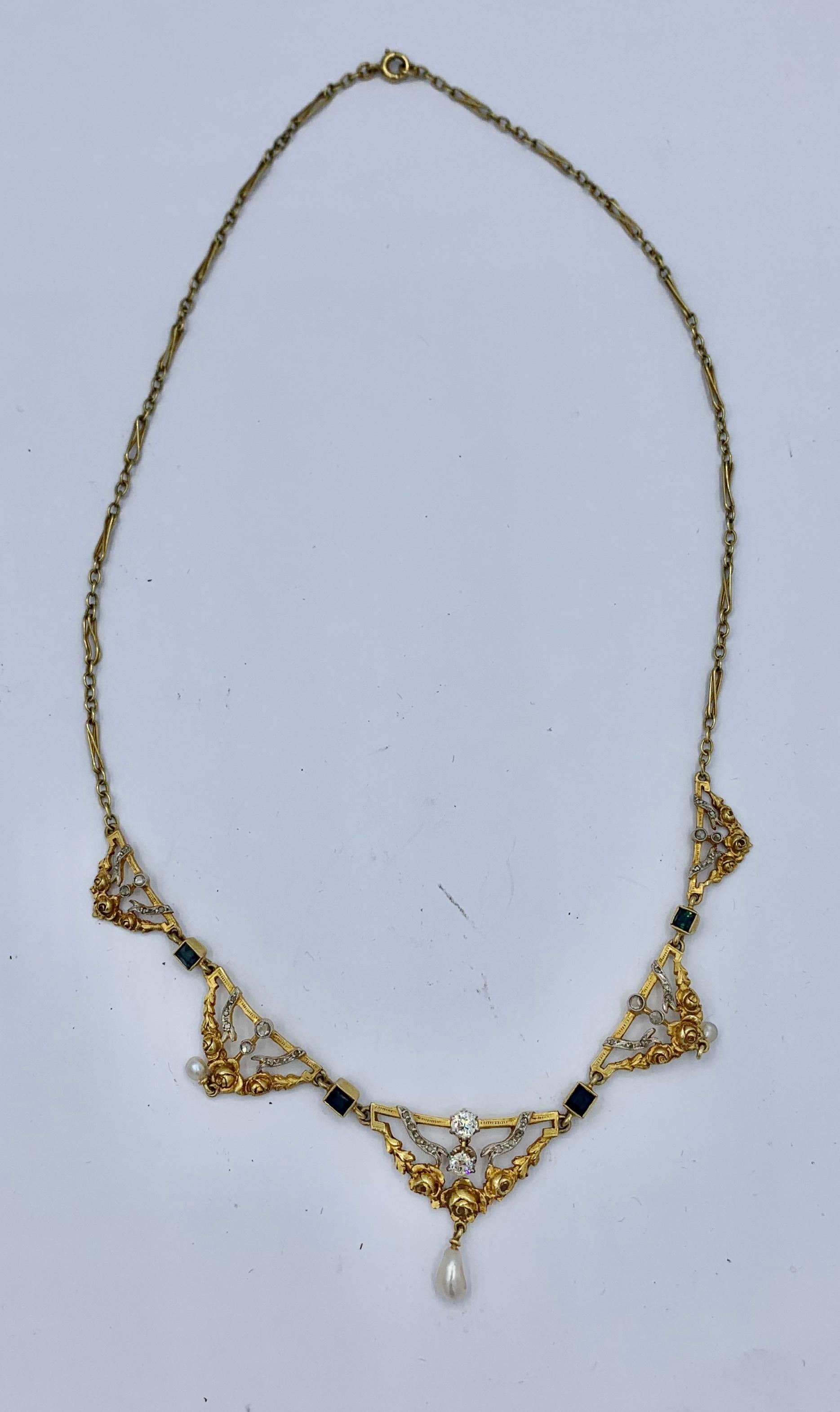 Belle Époque French Old Mine Diamond Sapphire Pearl Garland Necklace Antique Belle Epoque 18K For Sale