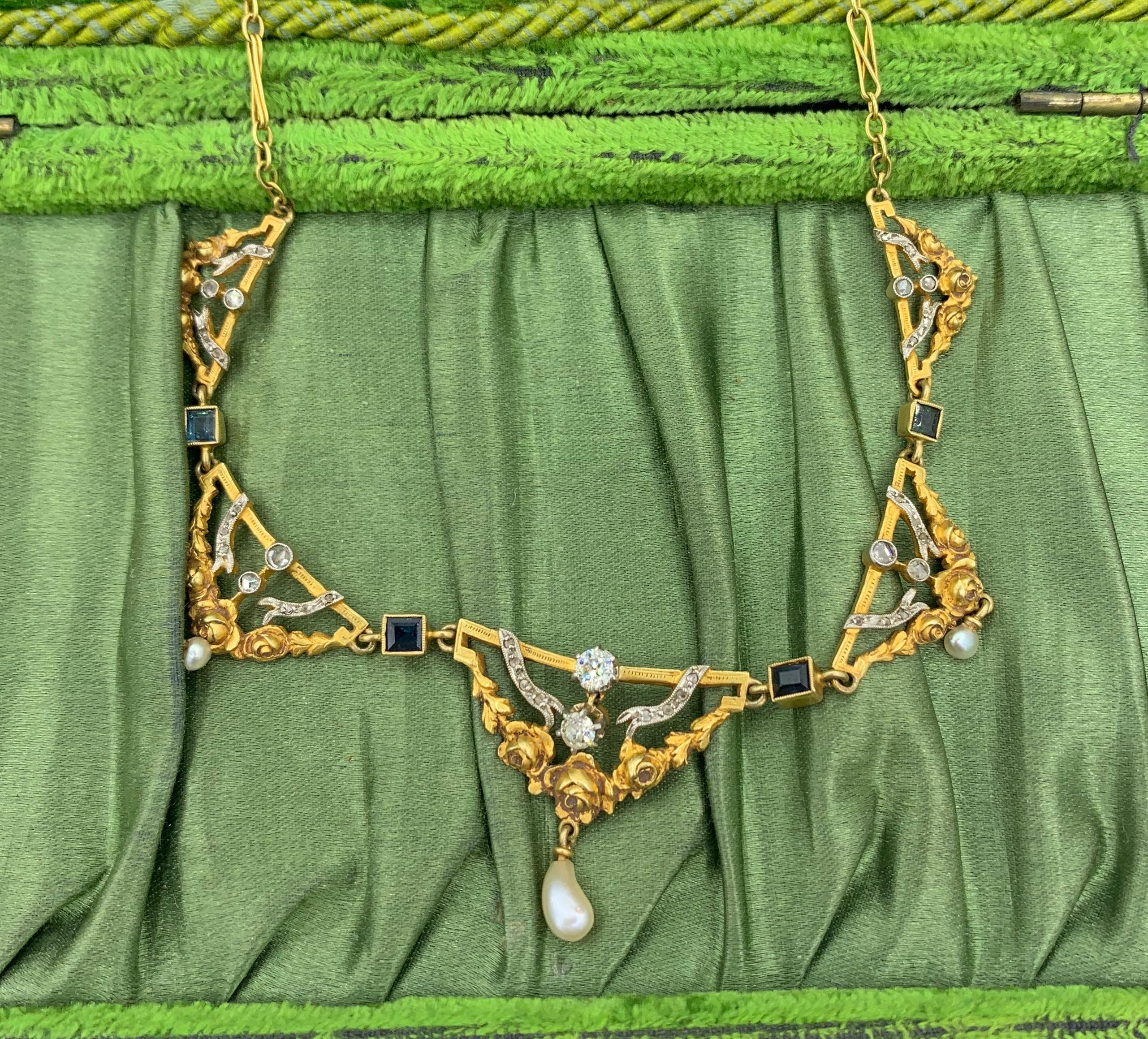 Old Mine Cut French Old Mine Diamond Sapphire Pearl Garland Necklace Antique Belle Epoque 18K For Sale