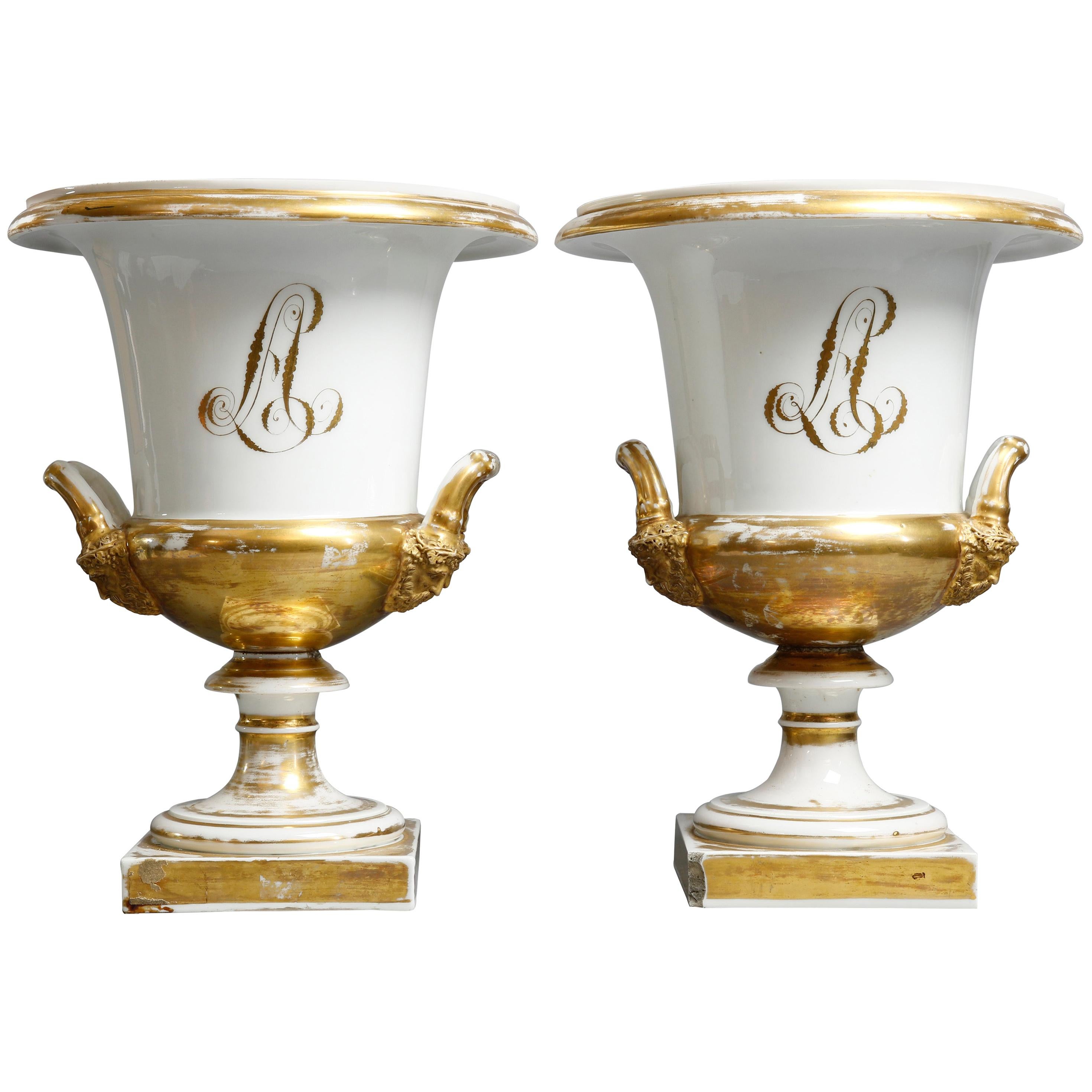 French Old Pairs Gilt Porcelain Classical Urns with Grecian Masks, circa 1880