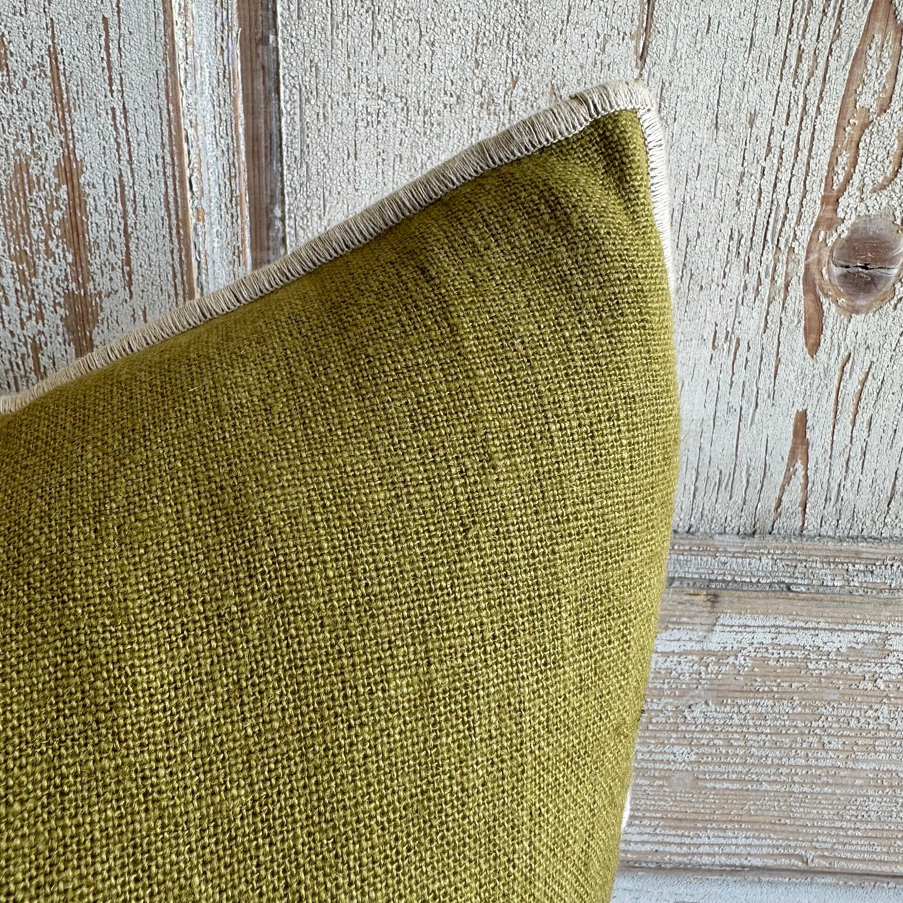 French Olive Linen Lumbar Pillow with Down Feather Insert In New Condition In Brea, CA