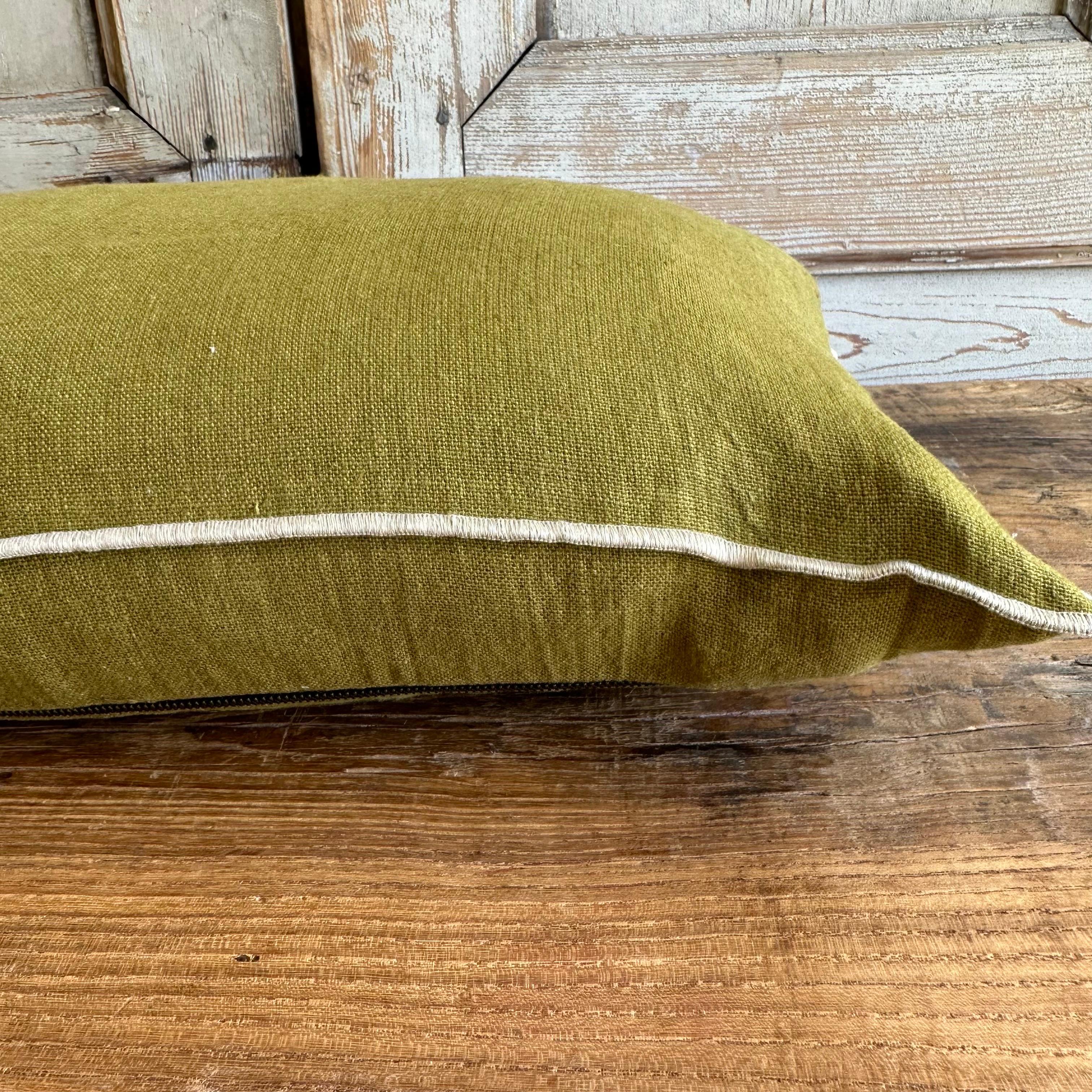Contemporary French Olive Linen Lumbar Pillow with Down Feather Insert For Sale