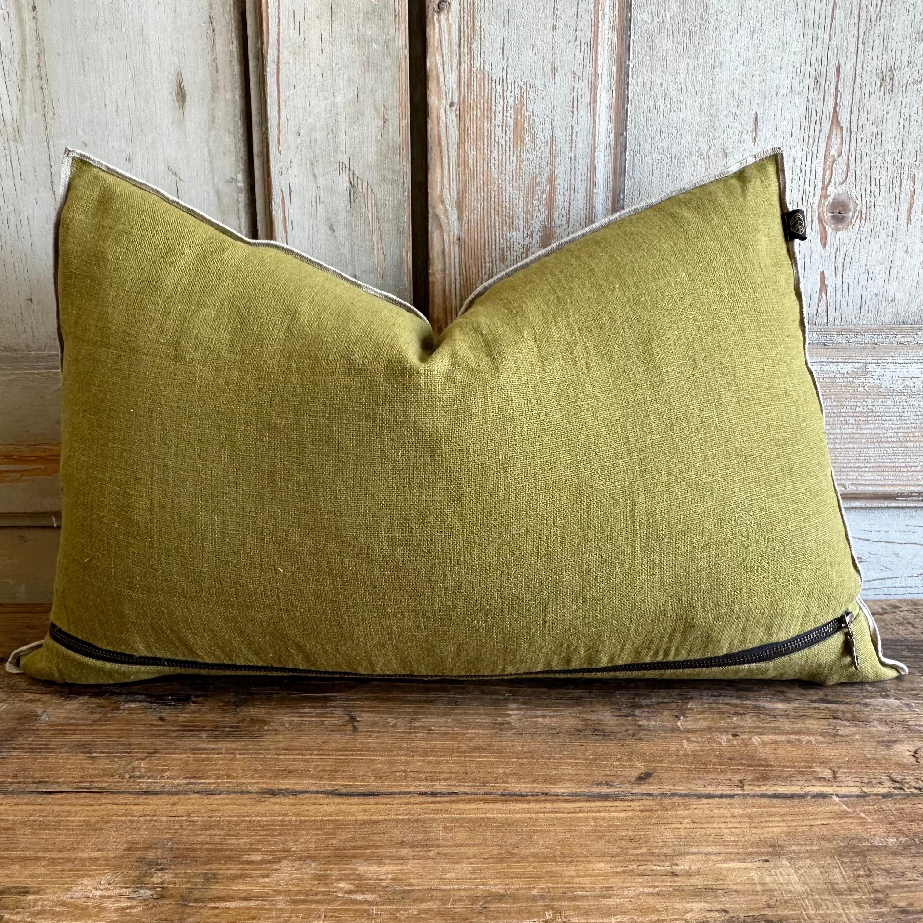 French Olive Linen Lumbar Pillow with Down Feather Insert For Sale 1