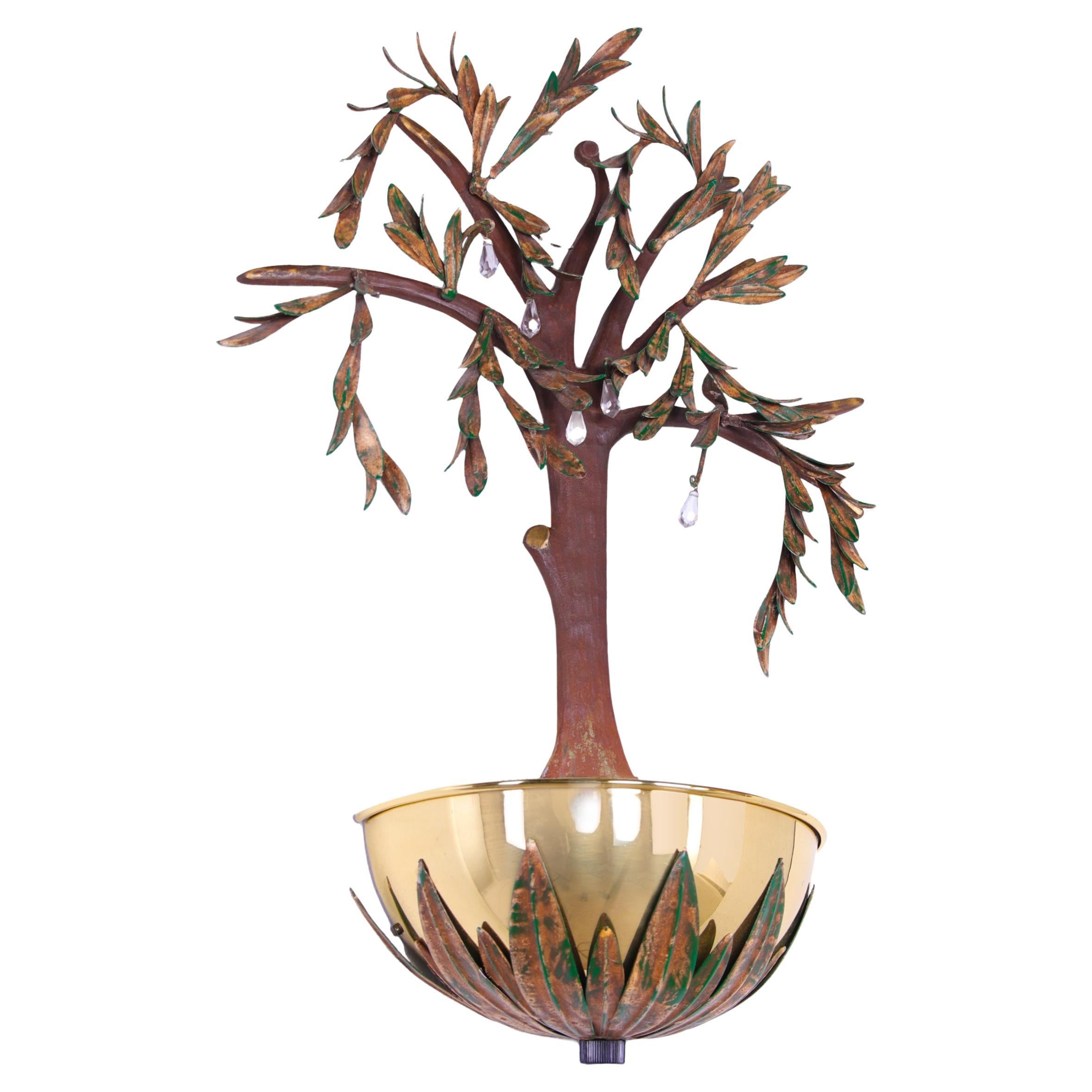 French 24" Olive Tree Sconce Gilt Brass & Crystal by Maison Charles attr. 1980s For Sale