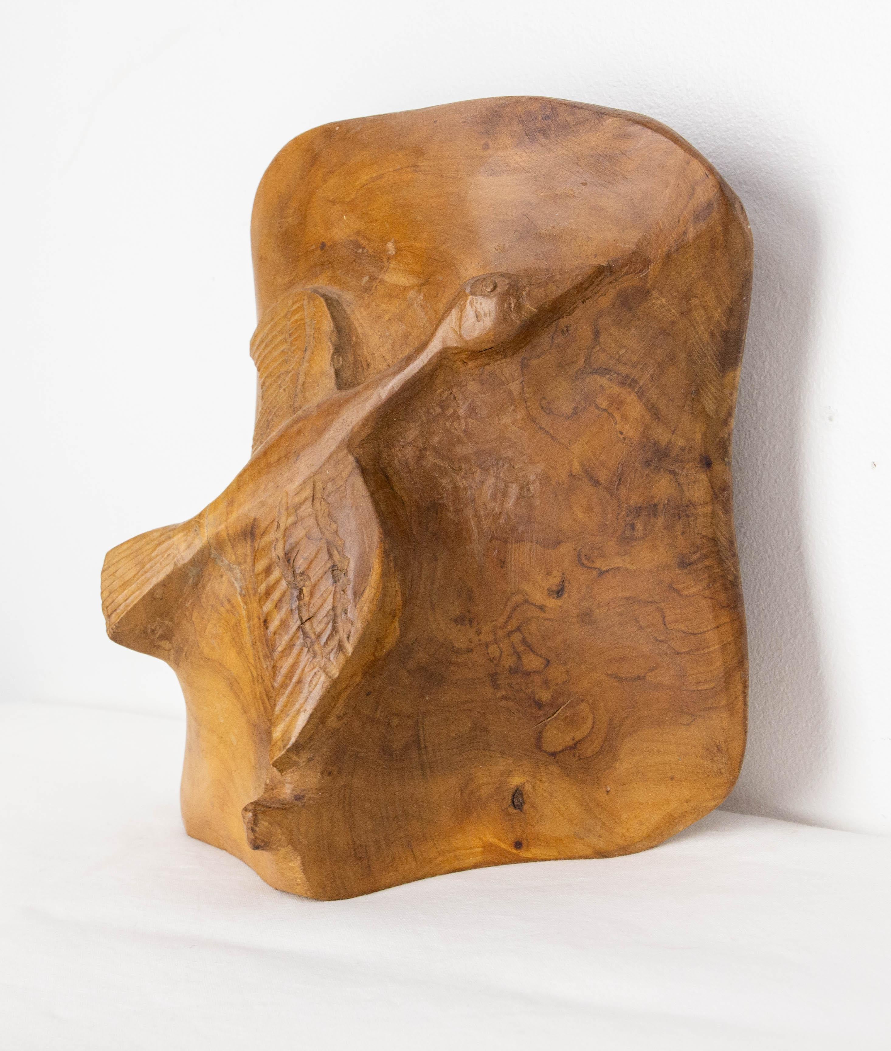 Late 20th Century French Olive Wood Sculpture Flying Goose & Vide-Poche Reversible Objet, c 1970 For Sale