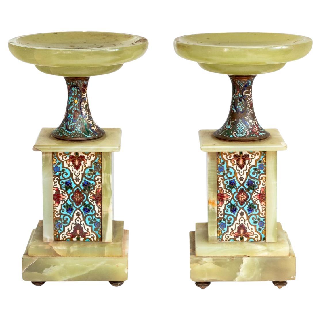 French Onyx and Champleve Enamel Tazze, Pair