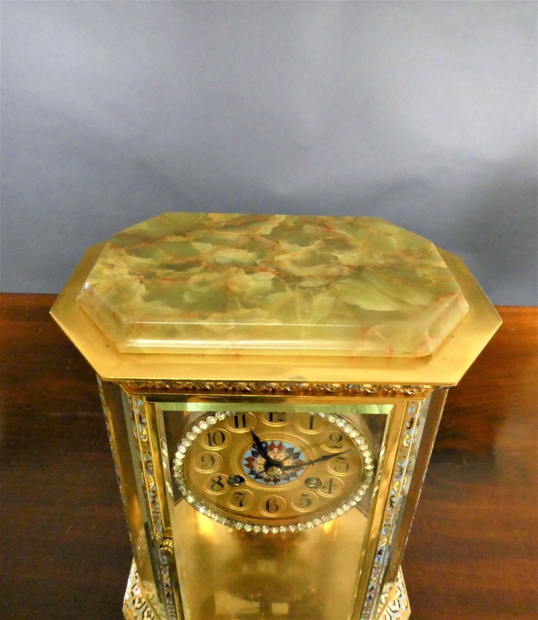 French Onyx and Champleve Four Glass Mantel Clock For Sale 8