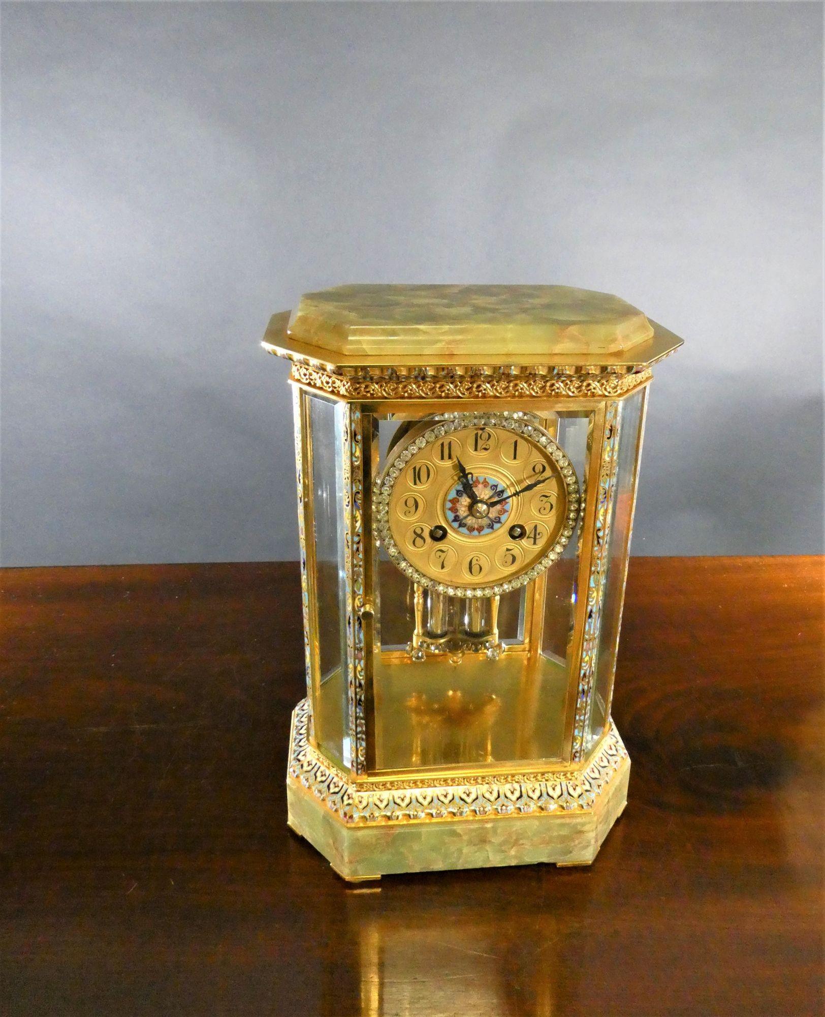 French Onyx and Champleve Four Glass Mantel Clock For Sale 9