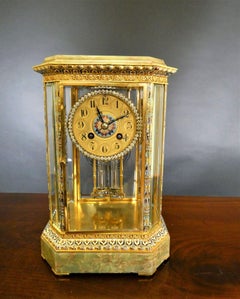 French Onyx and Champleve Four Glass Mantel Clock