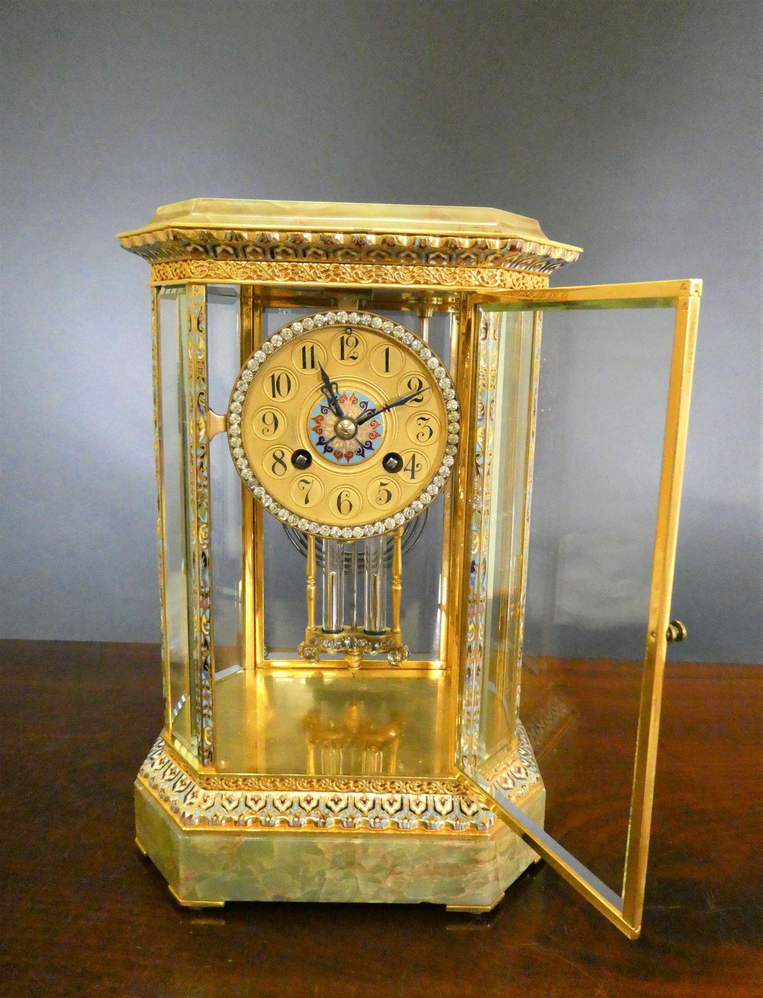 French Onyx and Champleve Four Glass Mantel Clock In Good Condition For Sale In Norwich, GB