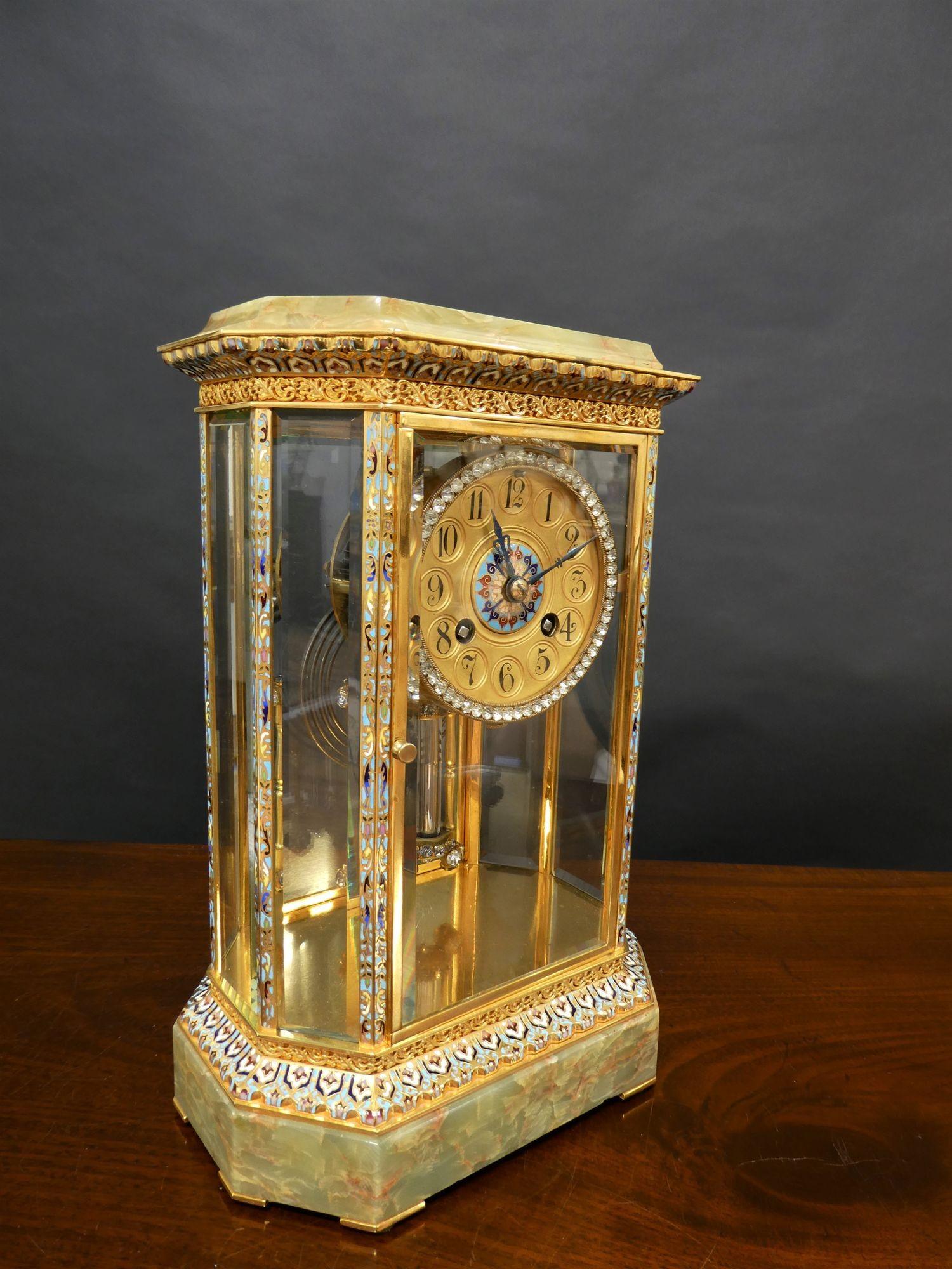 Late 19th Century French Onyx and Champleve Four Glass Mantel Clock For Sale
