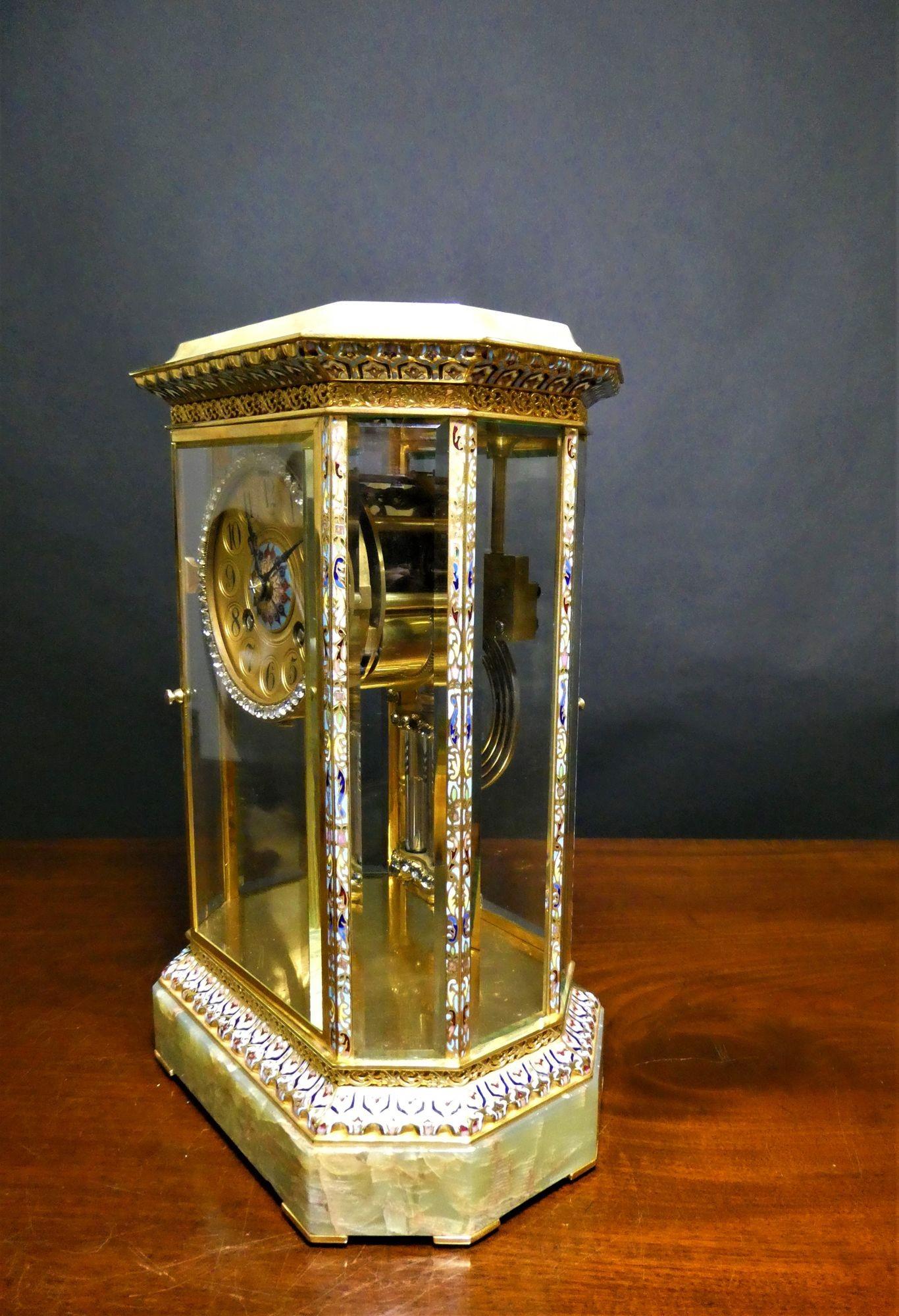 French Onyx and Champleve Four Glass Mantel Clock For Sale 4