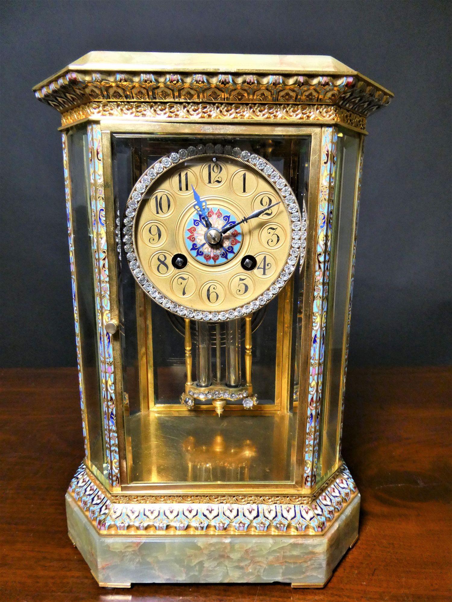 French Onyx and Champleve Four Glass Mantel Clock For Sale 5