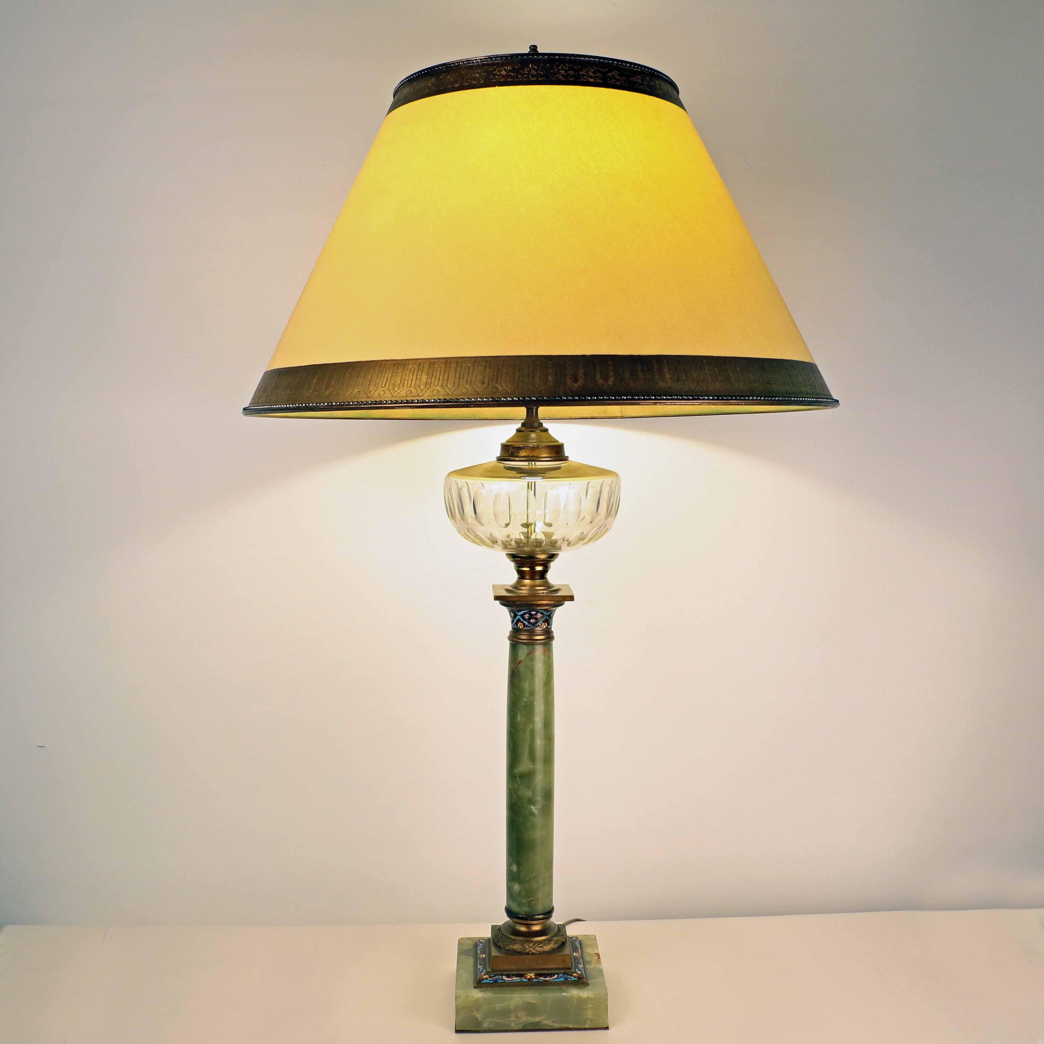 Enamel French Onyx and Cloisonne Banquet Lamp For Sale