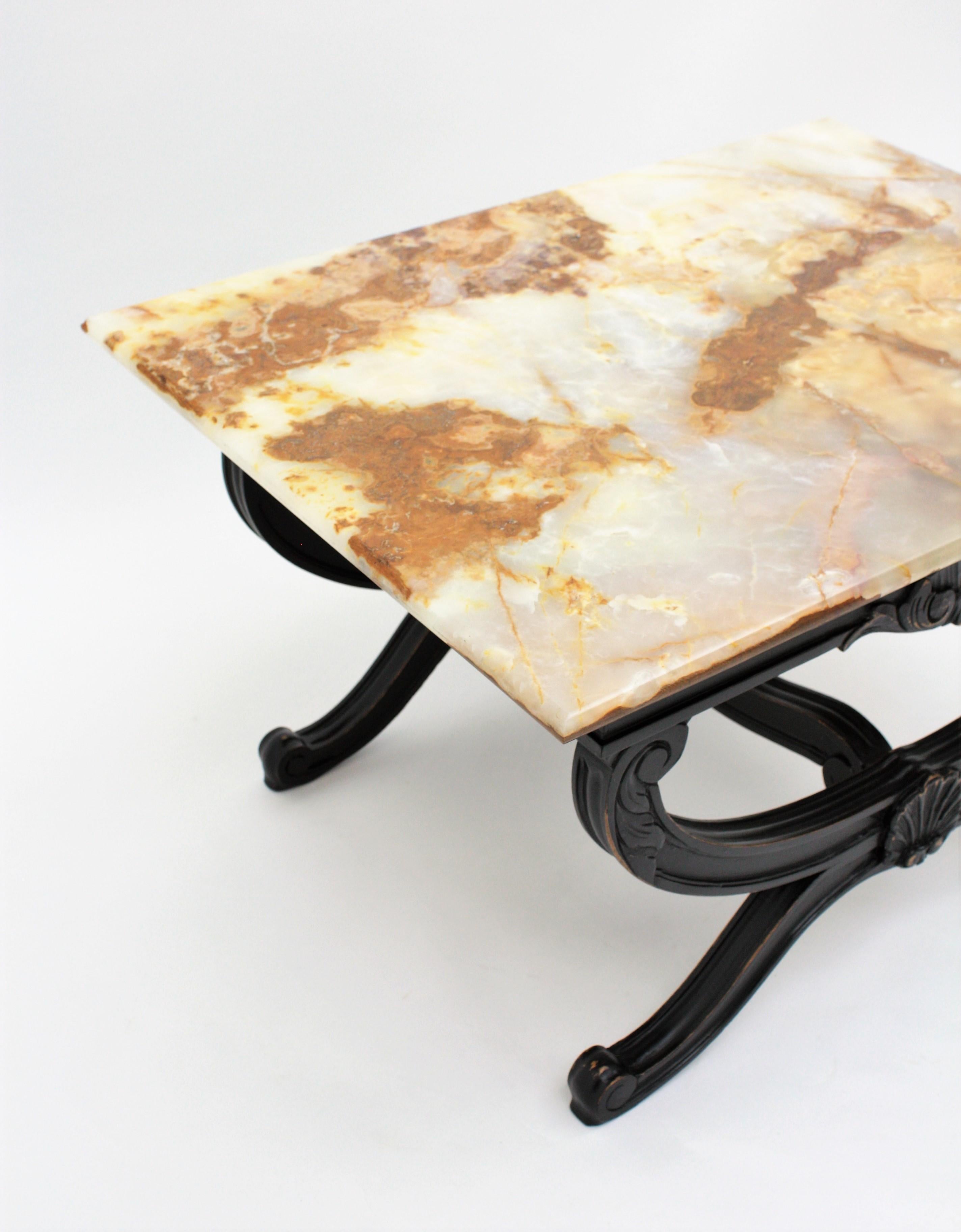 1950s French Carved Wood Coffee Table with Onyx Top For Sale 4