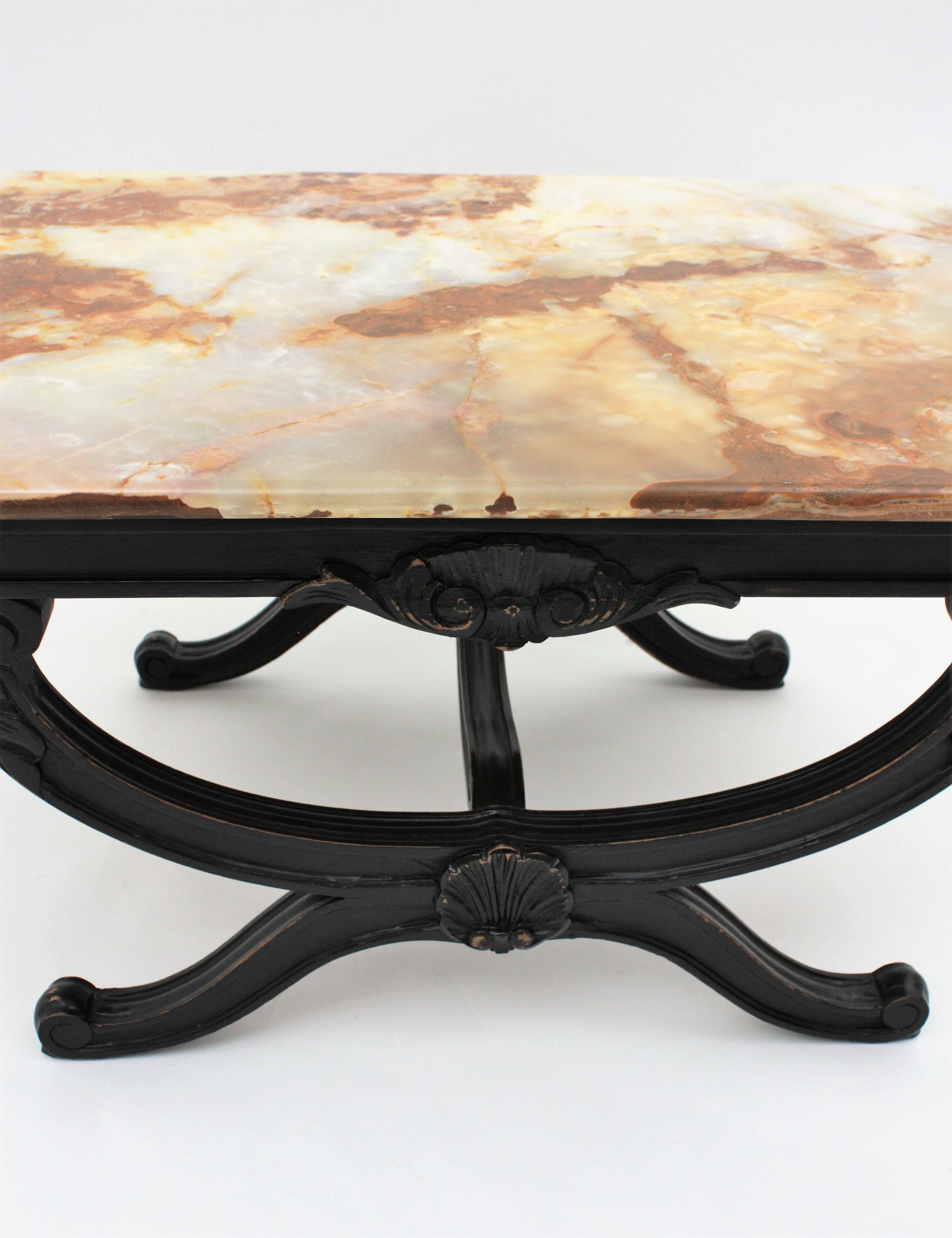 1950s French Carved Wood Coffee Table with Onyx Top For Sale 5