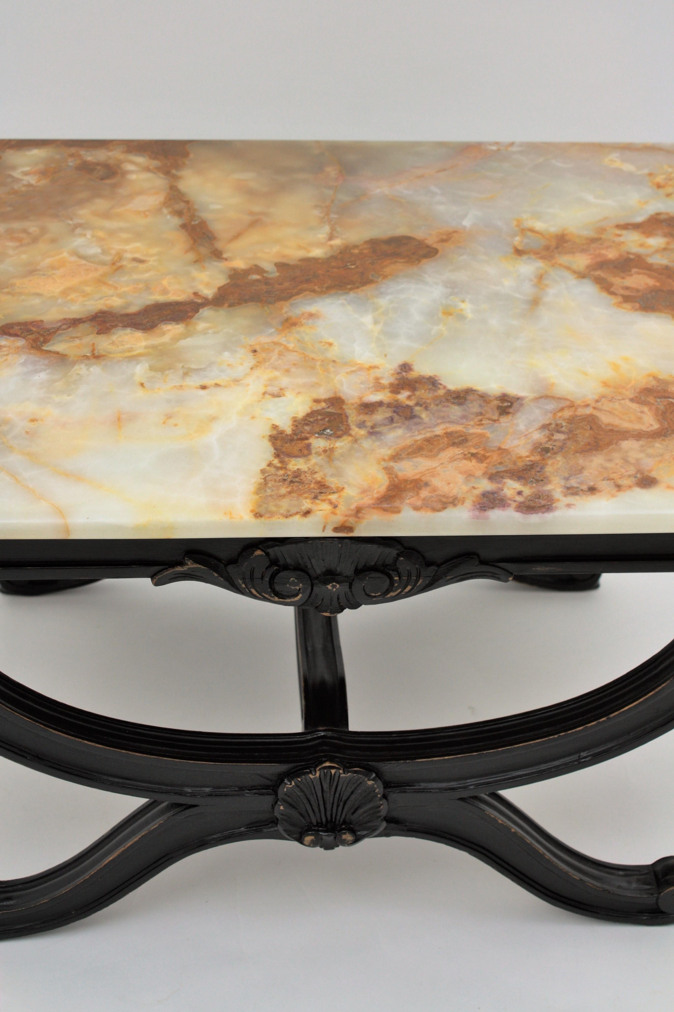 1950s French Carved Wood Coffee Table with Onyx Top For Sale 8