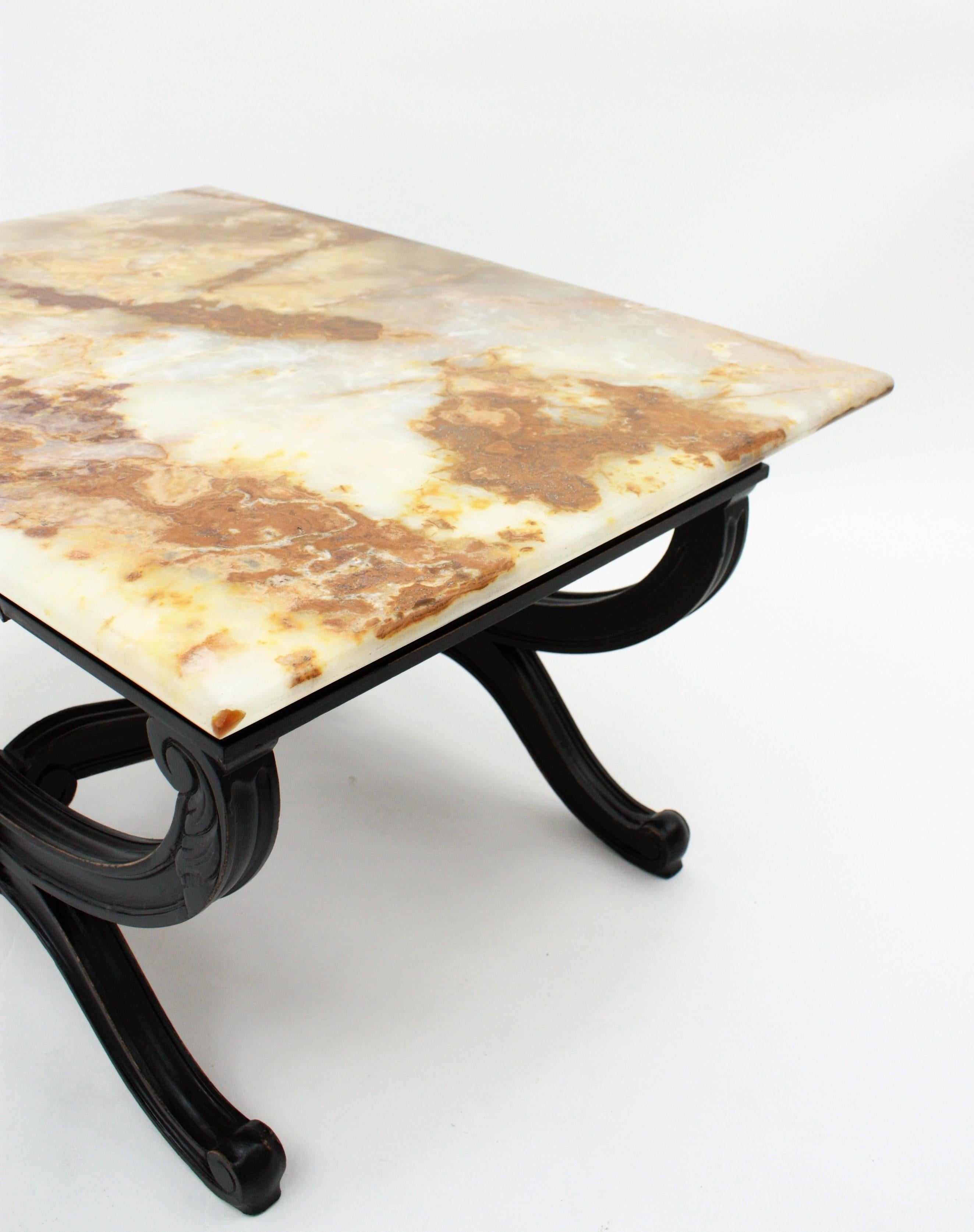 1950s French Carved Wood Coffee Table with Onyx Top For Sale 9