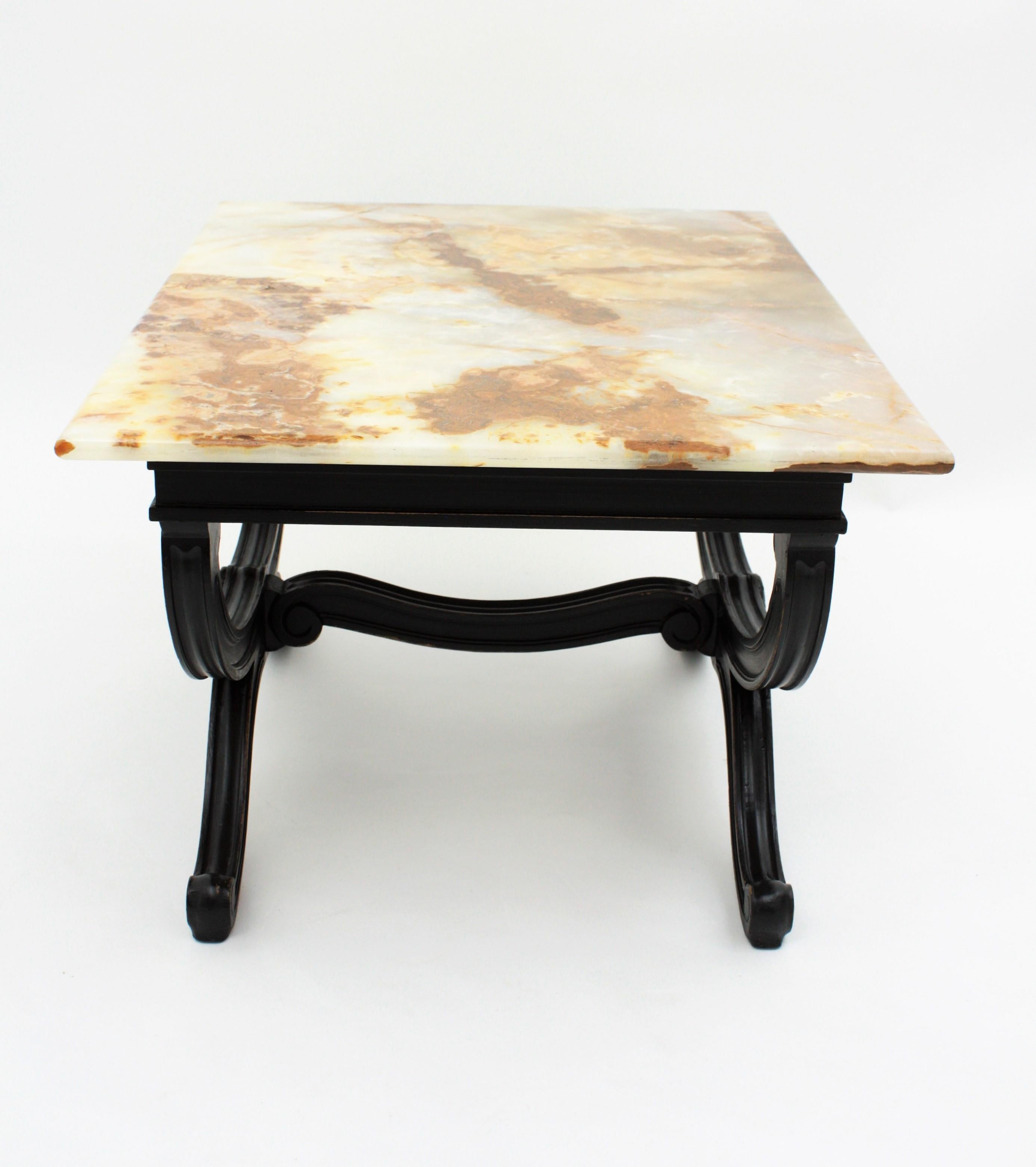 1950s French Carved Wood Coffee Table with Onyx Top For Sale 10