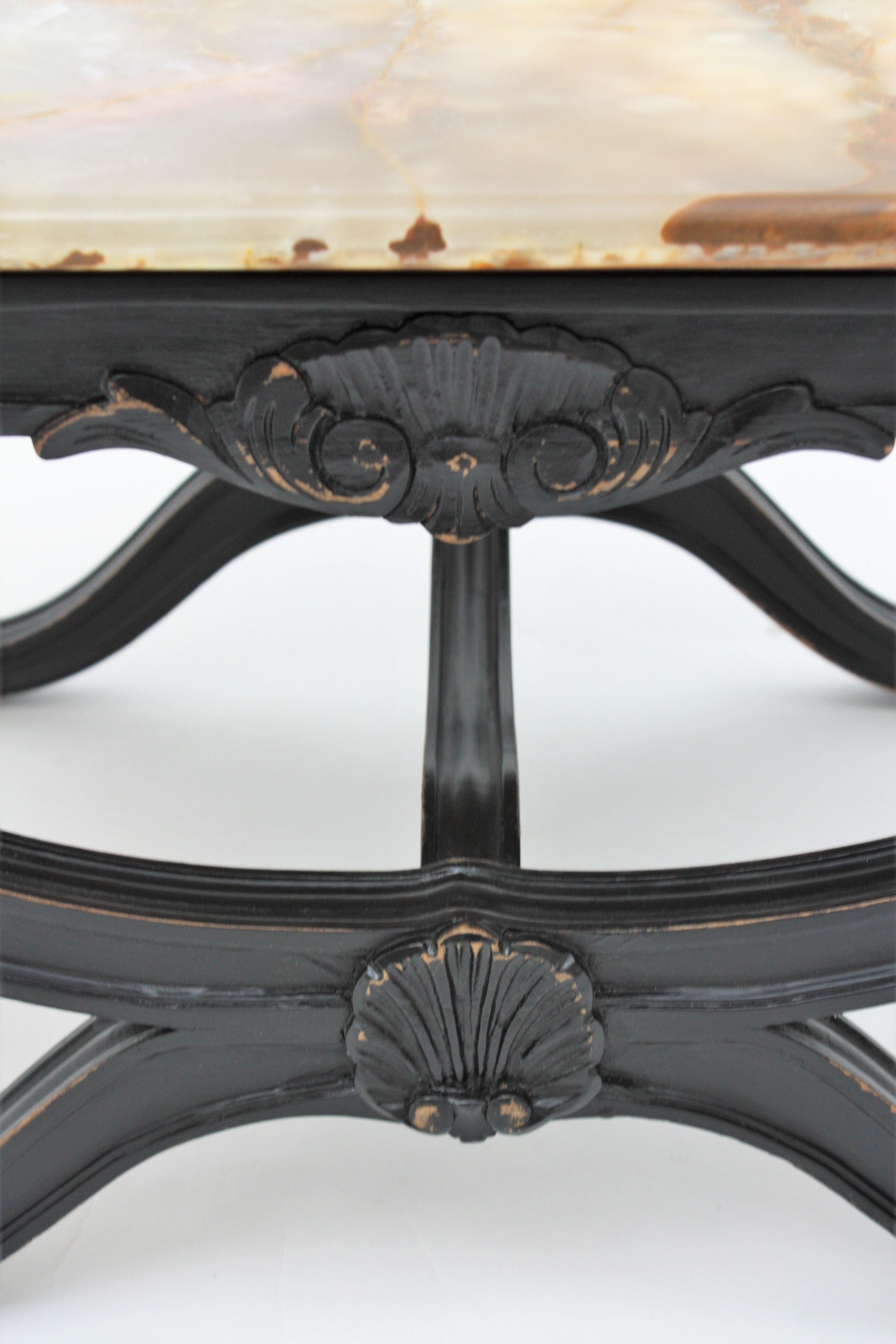 Hand-Carved 1950s French Carved Wood Coffee Table with Onyx Top For Sale