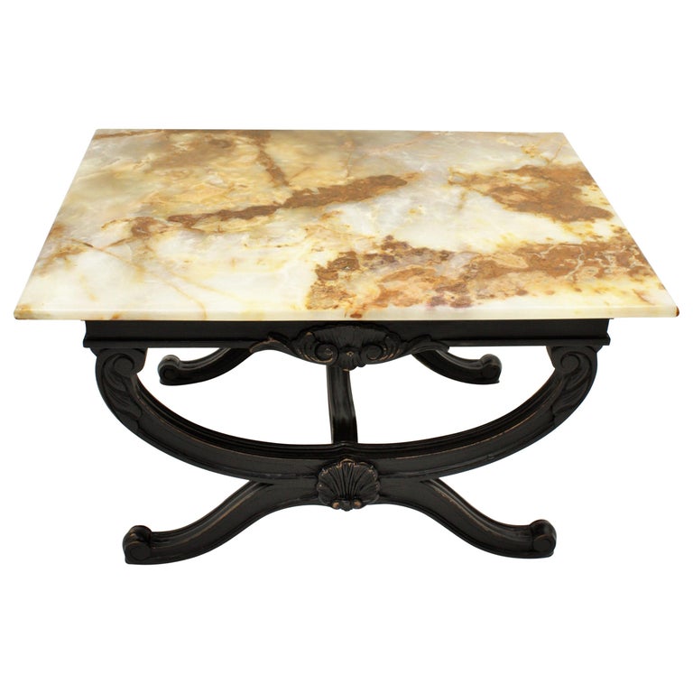 Patinated French Onyx and Wood Coffee Table For Sale