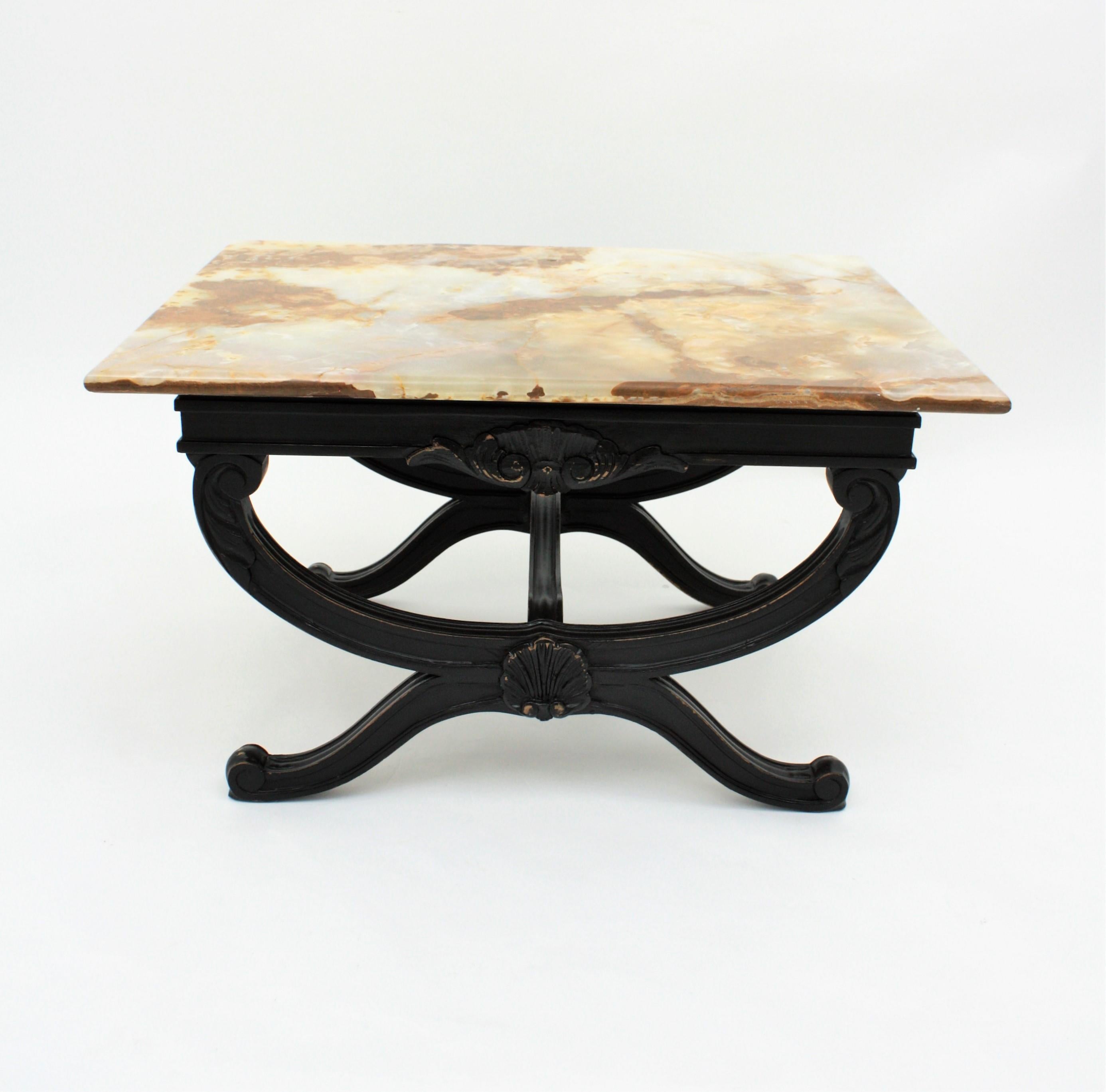 1950s French Carved Wood Coffee Table with Onyx Top For Sale 1
