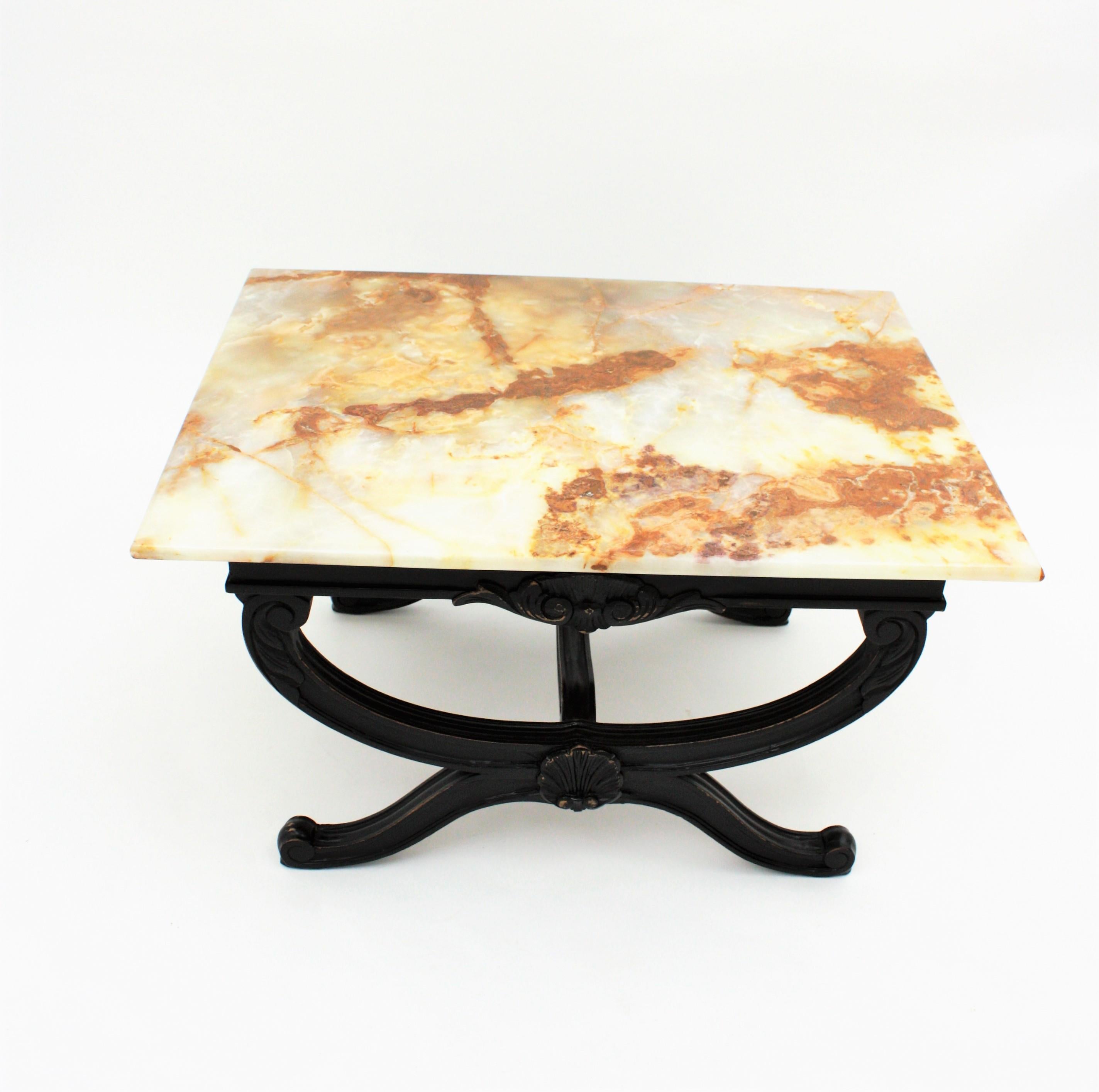 1950s French Carved Wood Coffee Table with Onyx Top For Sale 3