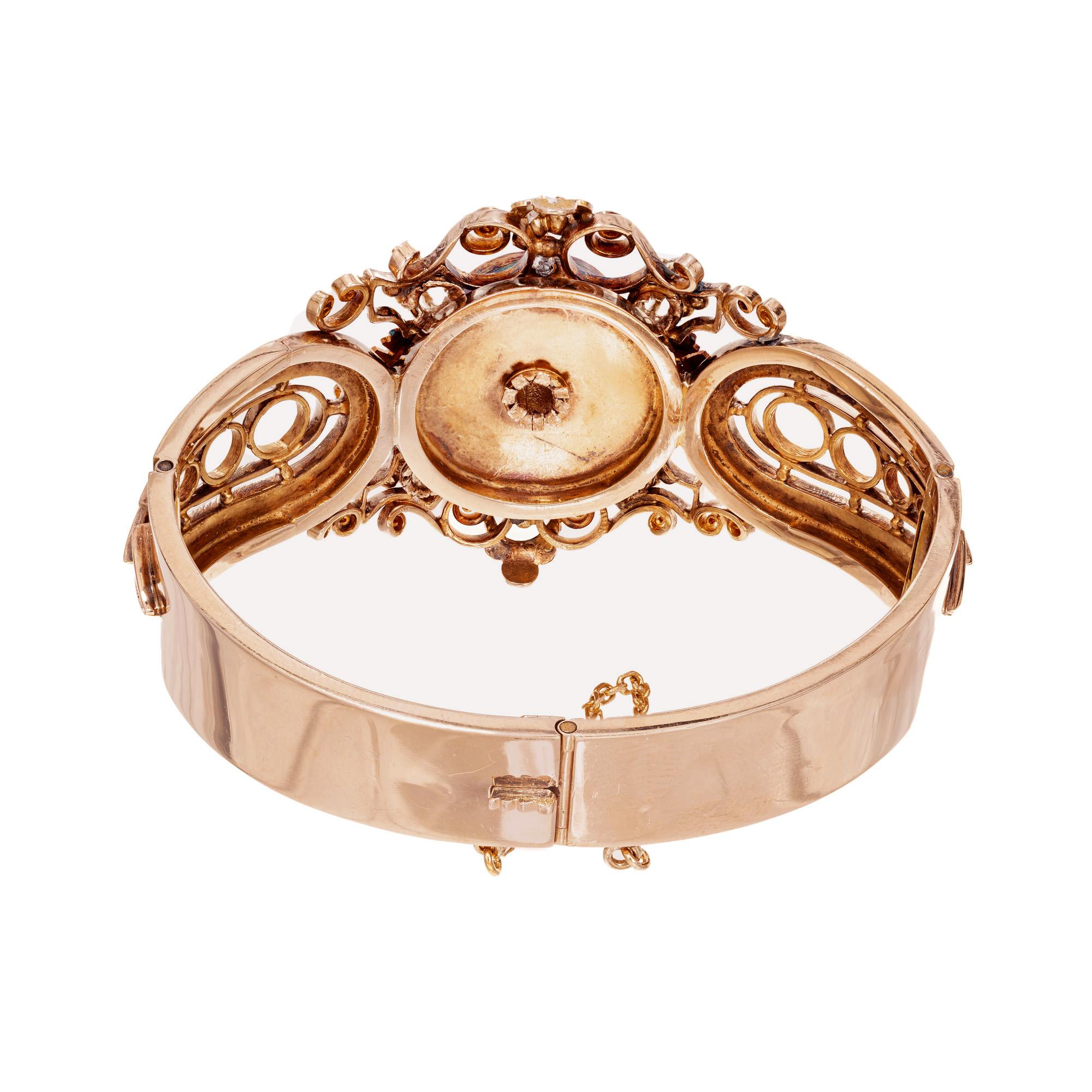 Round Cut .65 Carat Round Diamond Onyx Rose Gold French Bangle Bracelet  For Sale