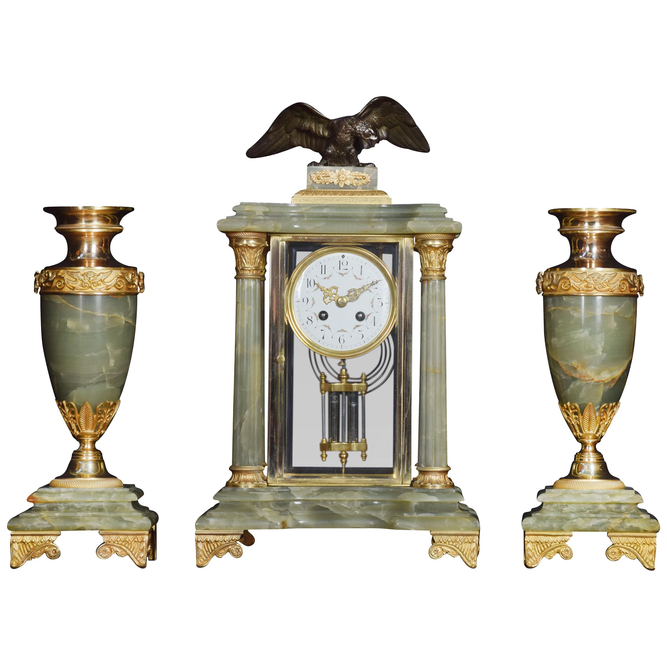 French Onyx Four Glass Clock Set
