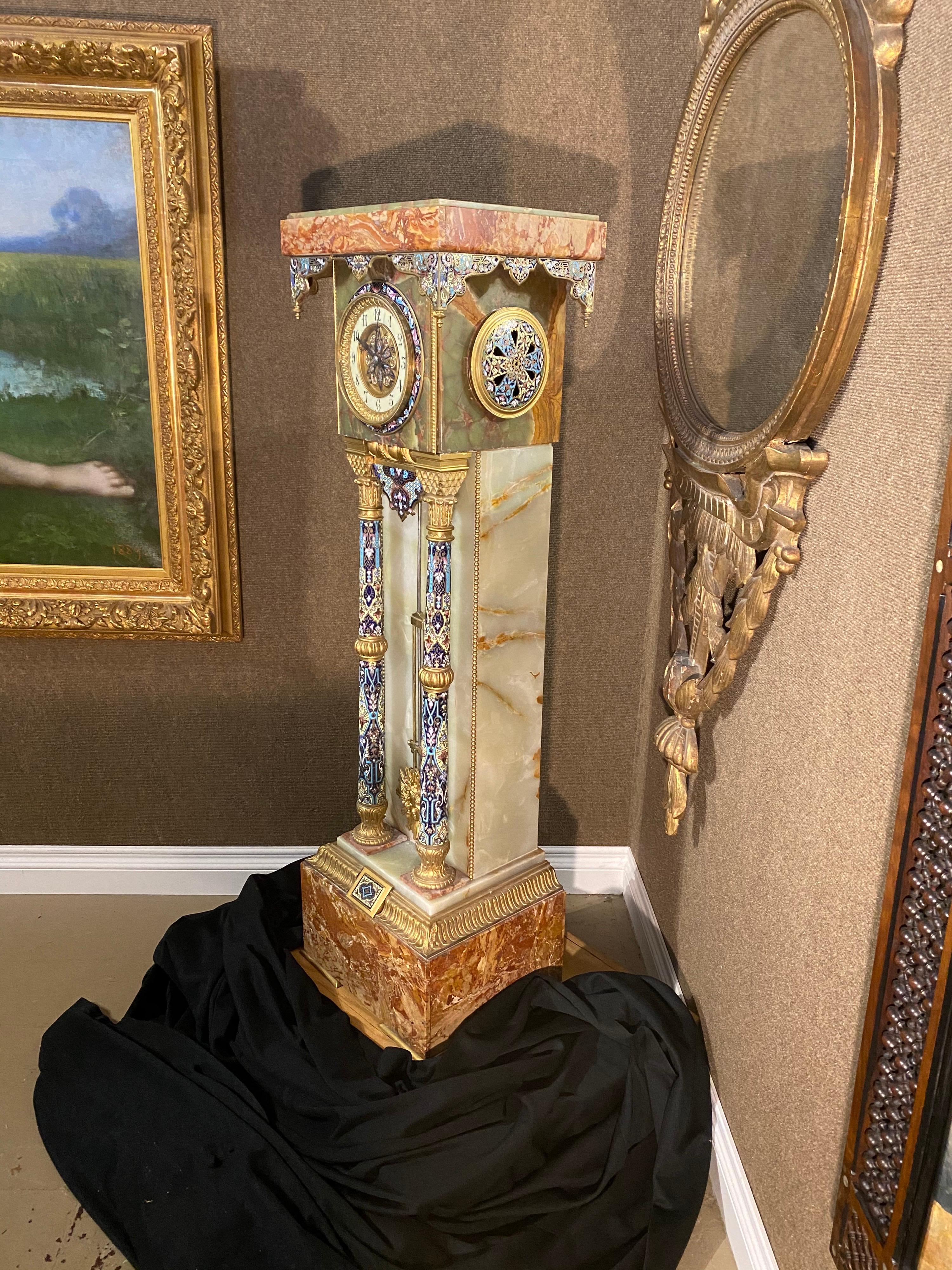 Hand-Carved French Onyx, Marble, Gilt Bronze & Champlevé Enamel Islamic Style Pedestal Clock
