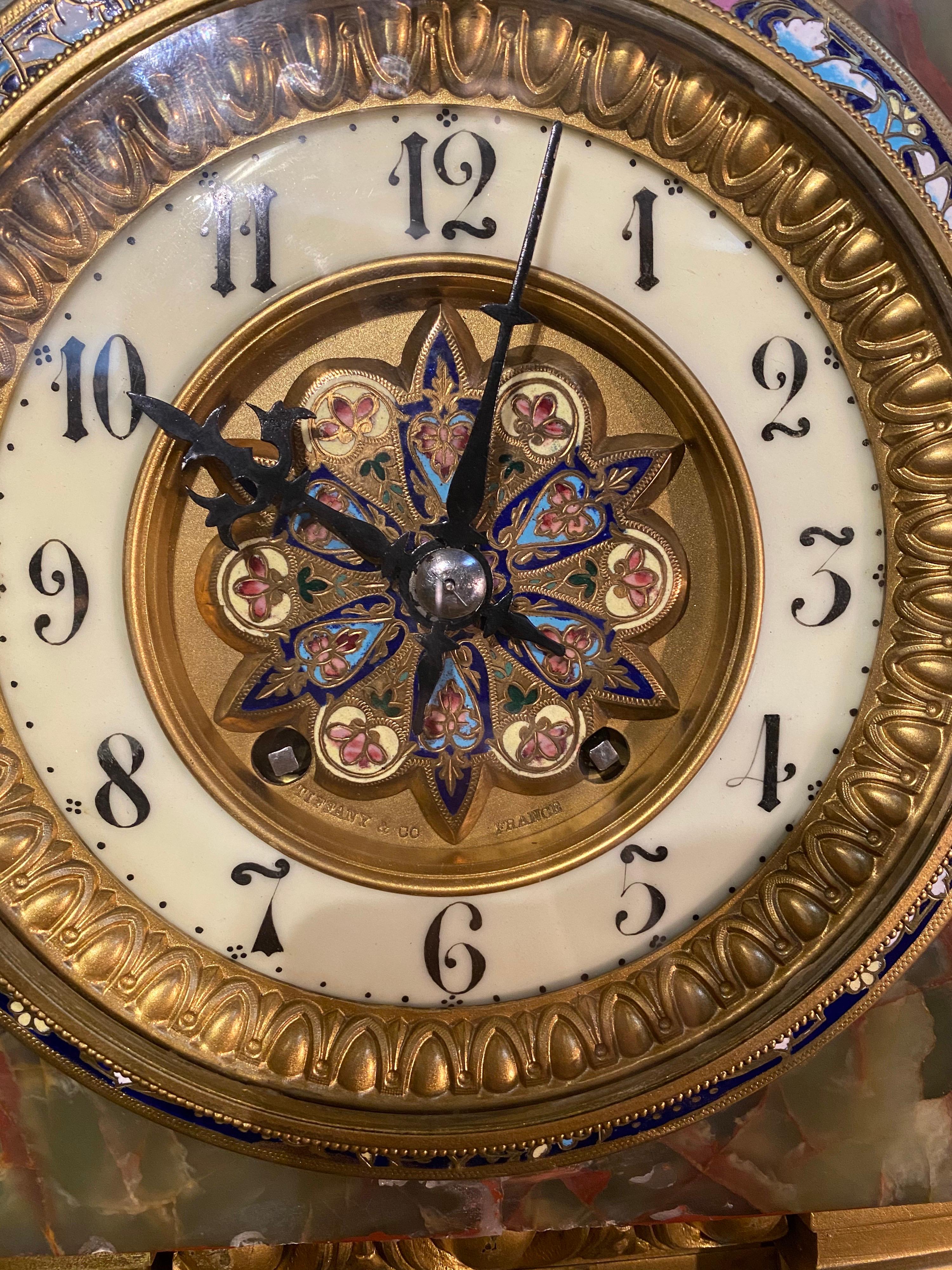 French Onyx, Marble, Gilt Bronze & Champlevé Enamel Islamic Style Pedestal Clock In Excellent Condition In Los Angeles, CA