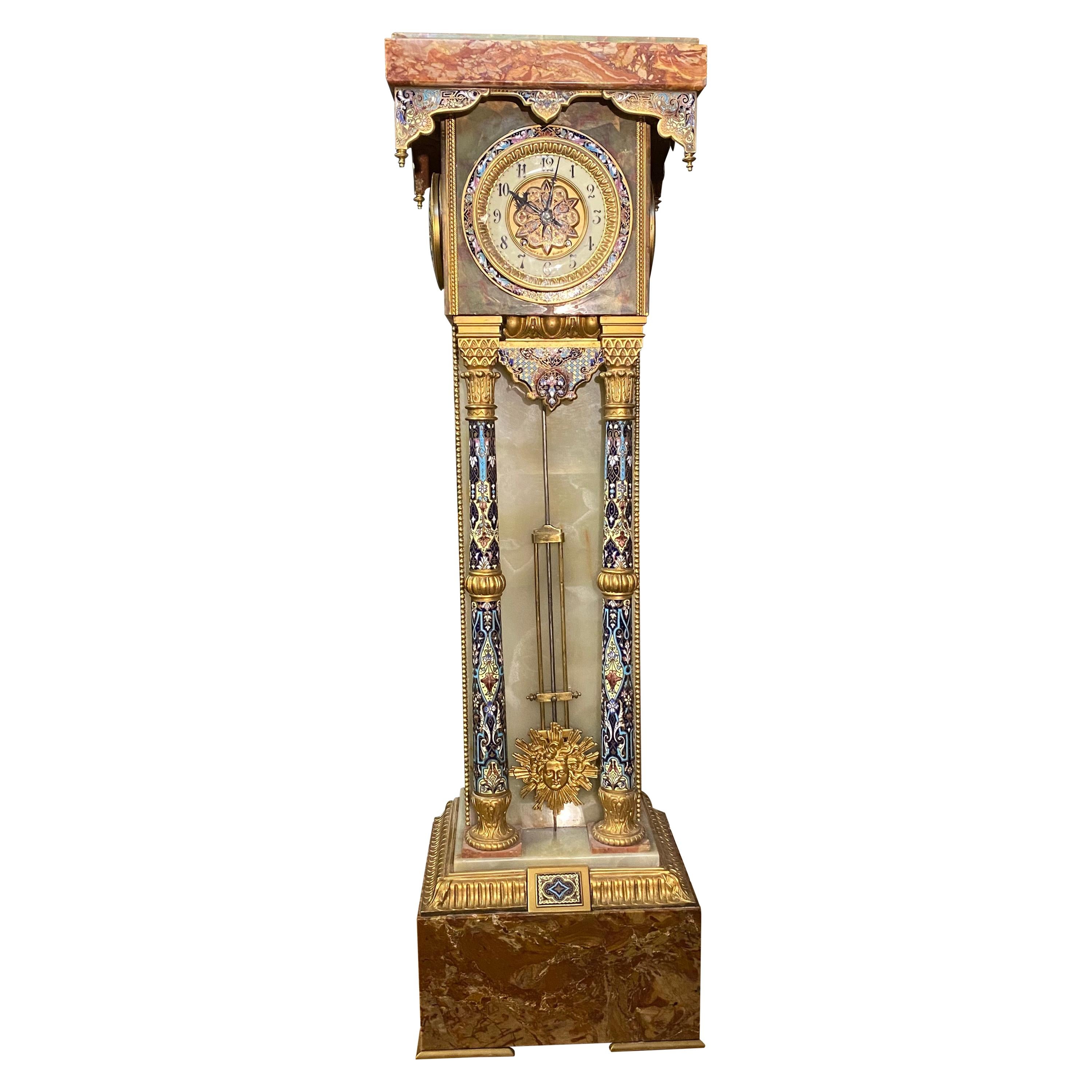 French Onyx, Marble, Gilt Bronze & Champlevé Enamel Islamic Style Pedestal Clock