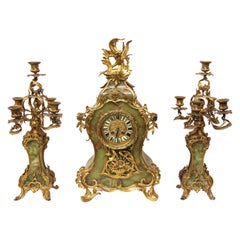 French Onyx Serpentine Clock Set