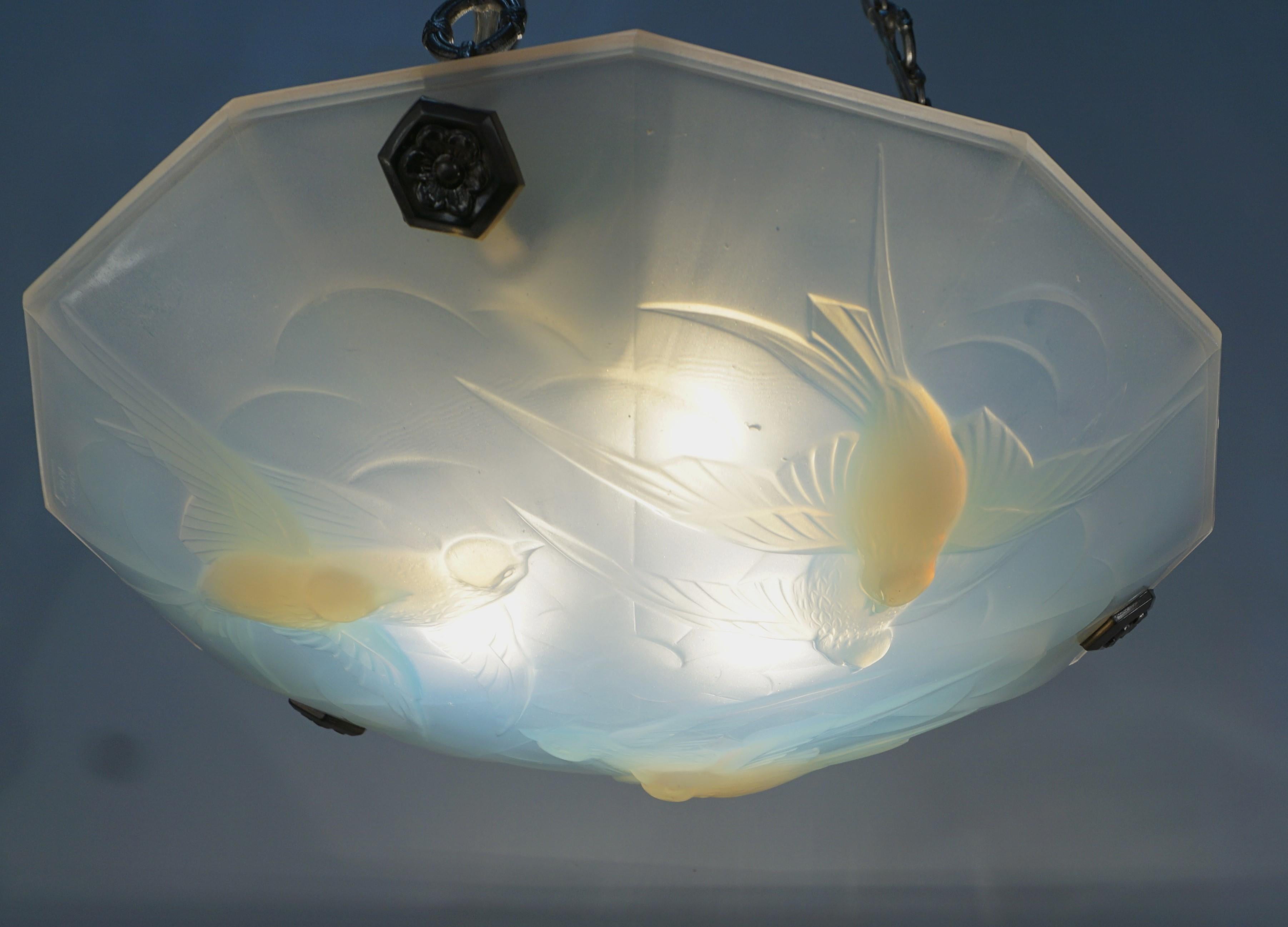 French Opal Glass Flying Brid Design Chandelier by Ezan For Sale 5