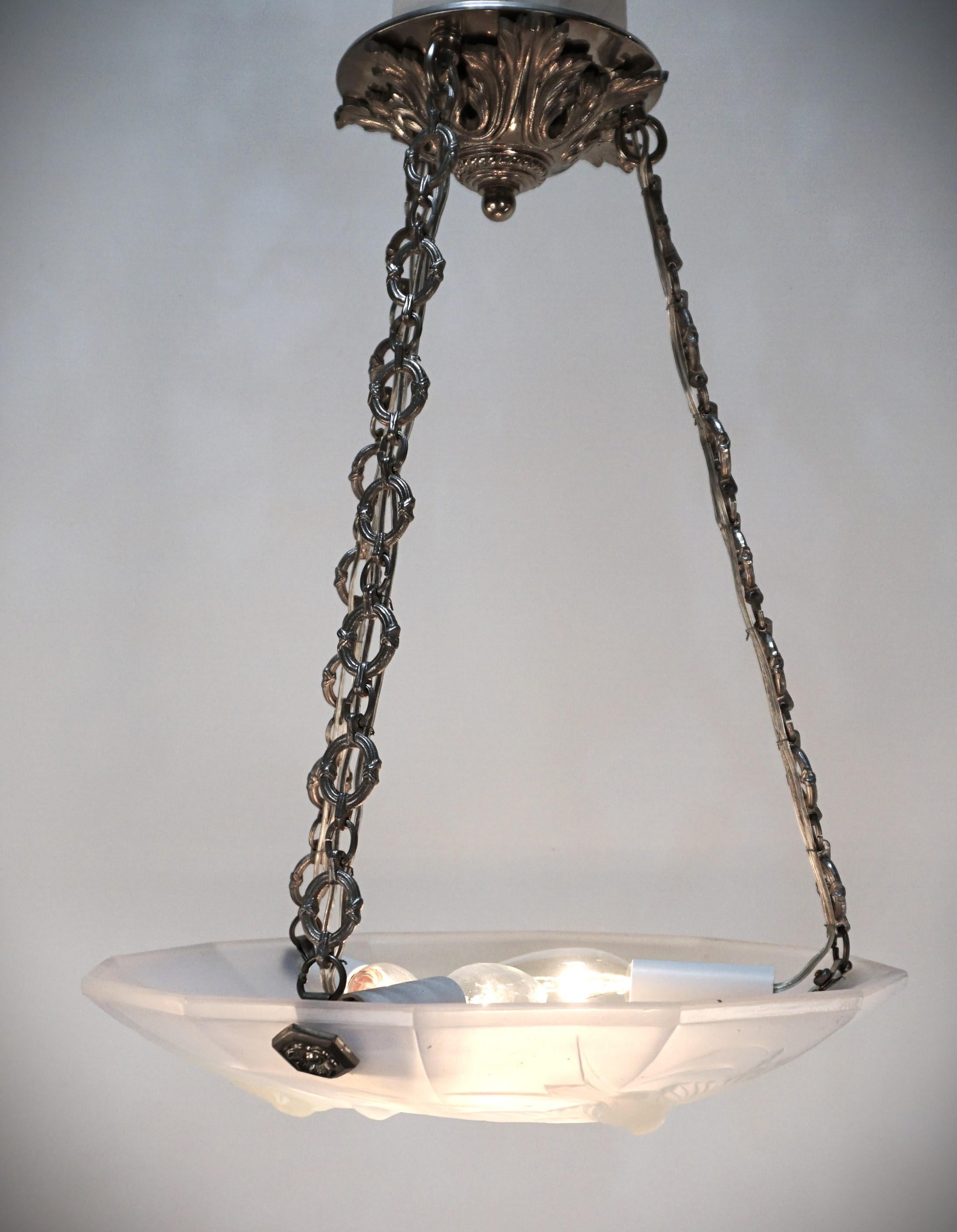 Art Deco French Opal Glass Flying Brid Design Chandelier by Ezan For Sale