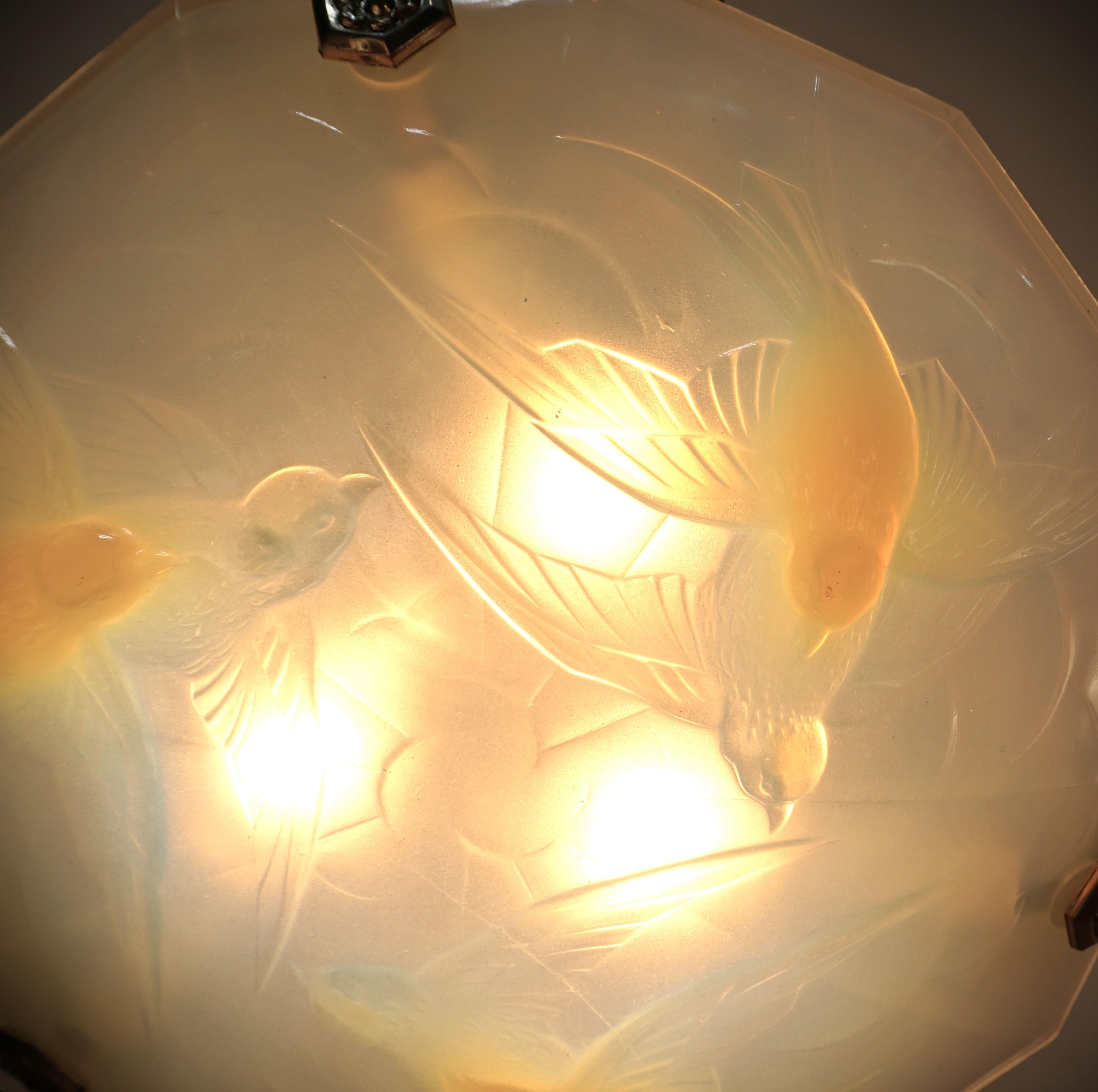 French Opal Glass Flying Brid Design Chandelier by Ezan In Good Condition For Sale In Fairfax, VA