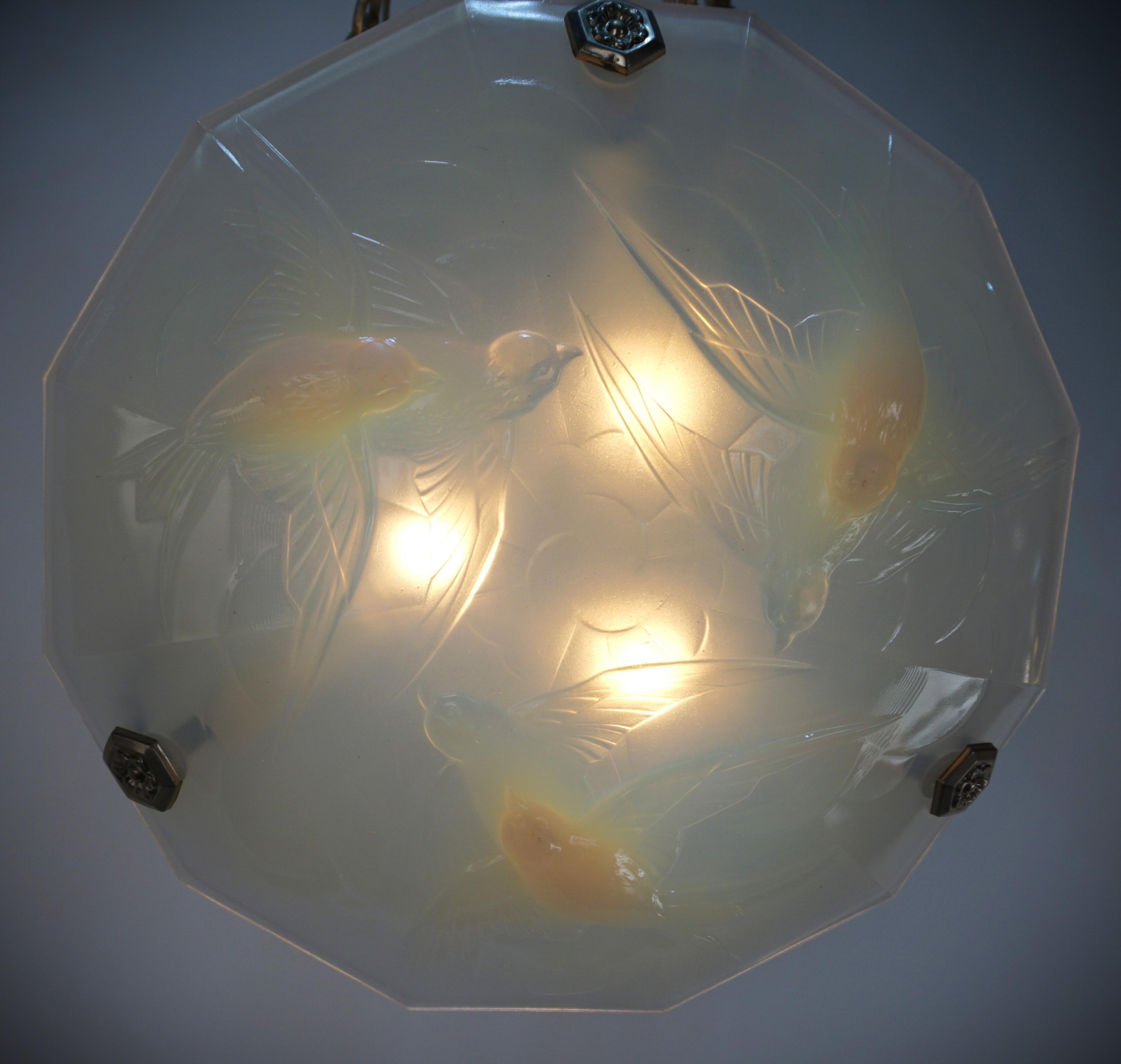 Opaline Glass French Opal Glass Flying Brid Design Chandelier by Ezan For Sale