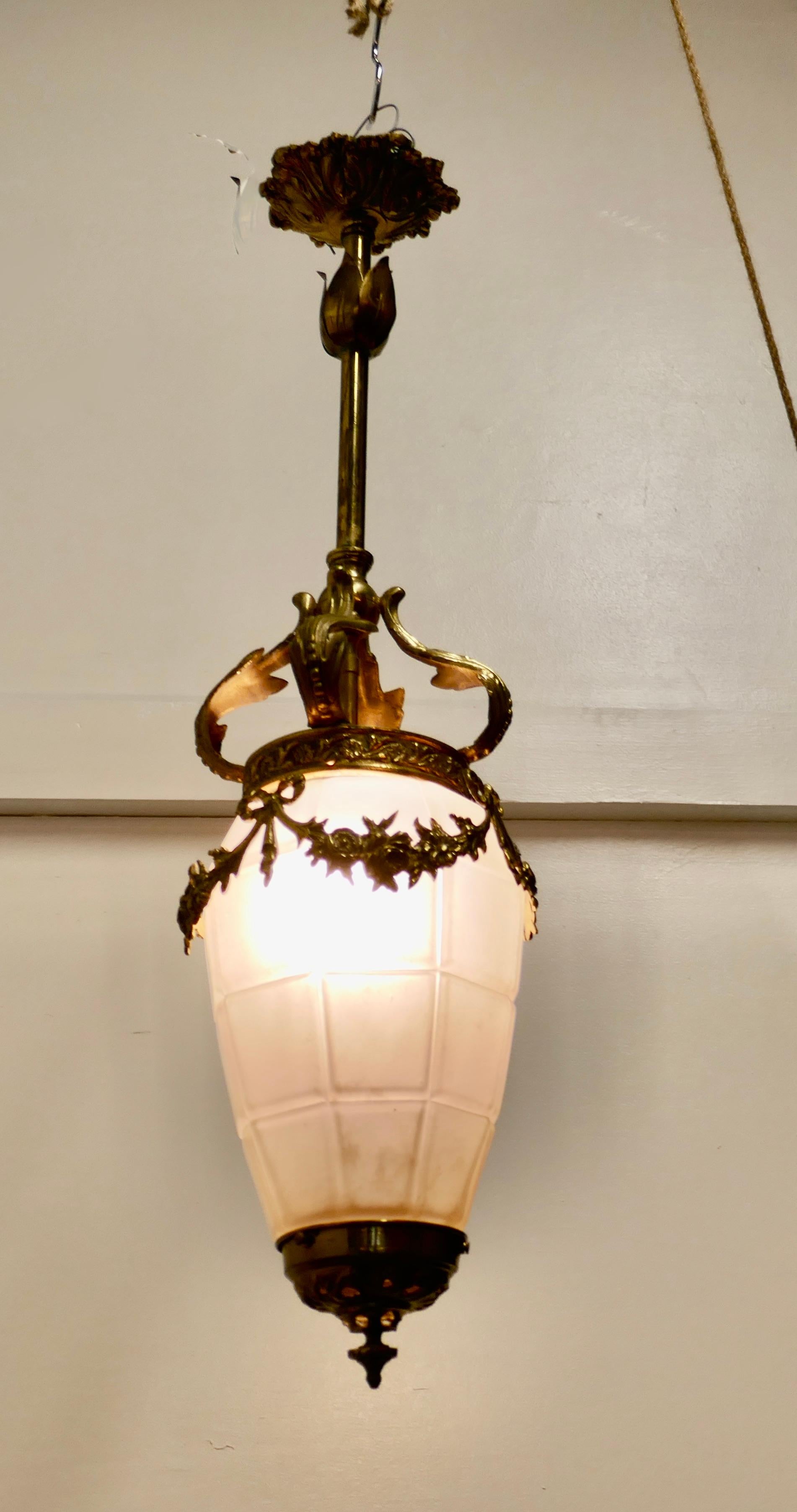 Hollywood Regency French Opalescent Glass and Brass Hanging Pendant Light