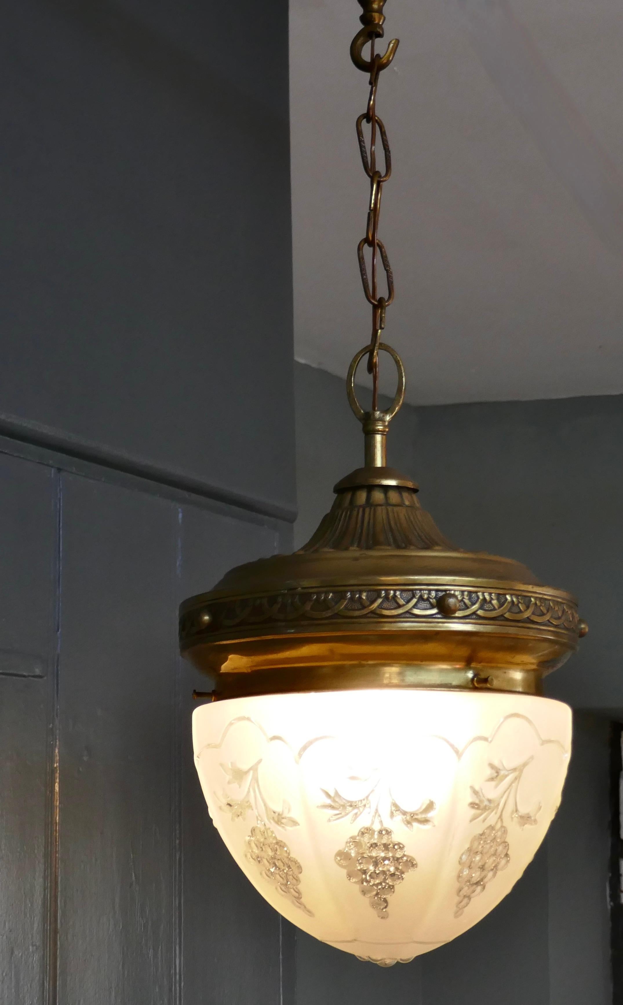 20th Century French Opalescent Glass and Brass Hanging Pendant Light