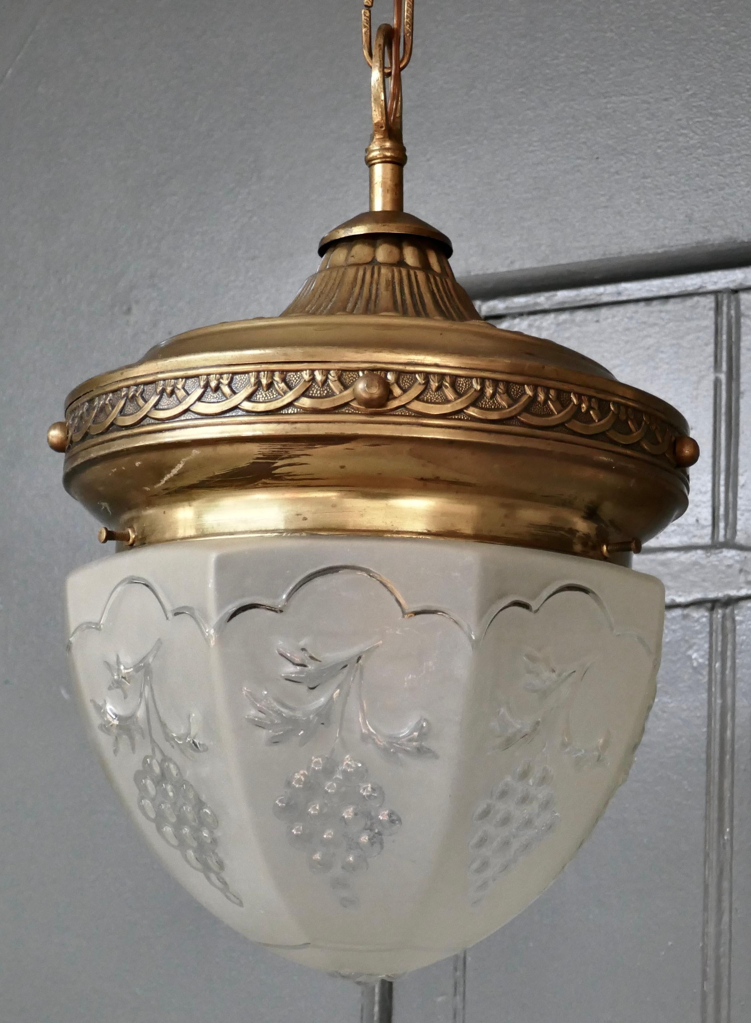 Art Glass French Opalescent Glass and Brass Hanging Pendant Light