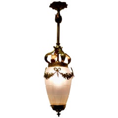 French Opalescent Glass and Brass Hanging Pendant Light
