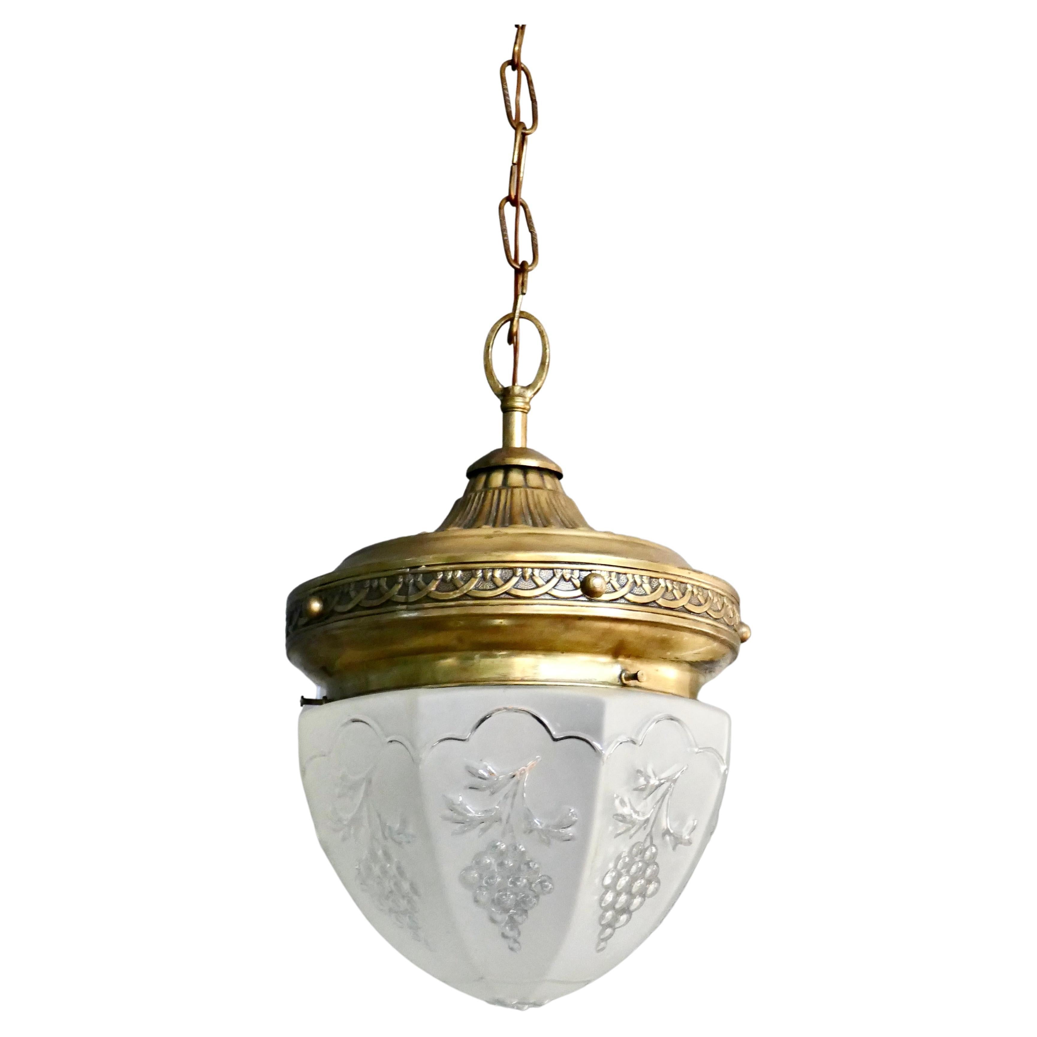 French Opalescent Glass and Brass Hanging Pendant Light