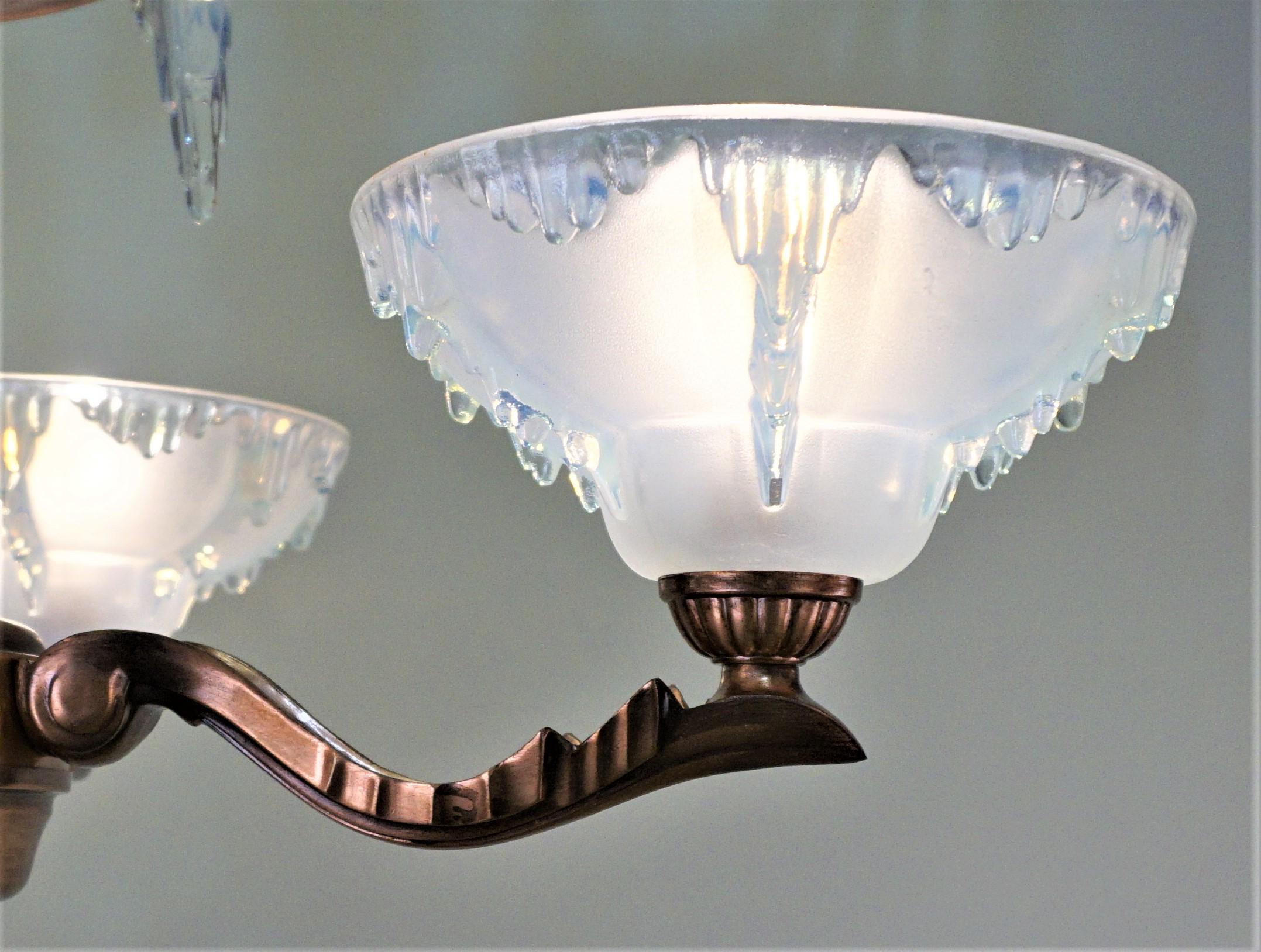 French four arm plus bottom light copper chandelier with opalescent glass chandelier by Ezan