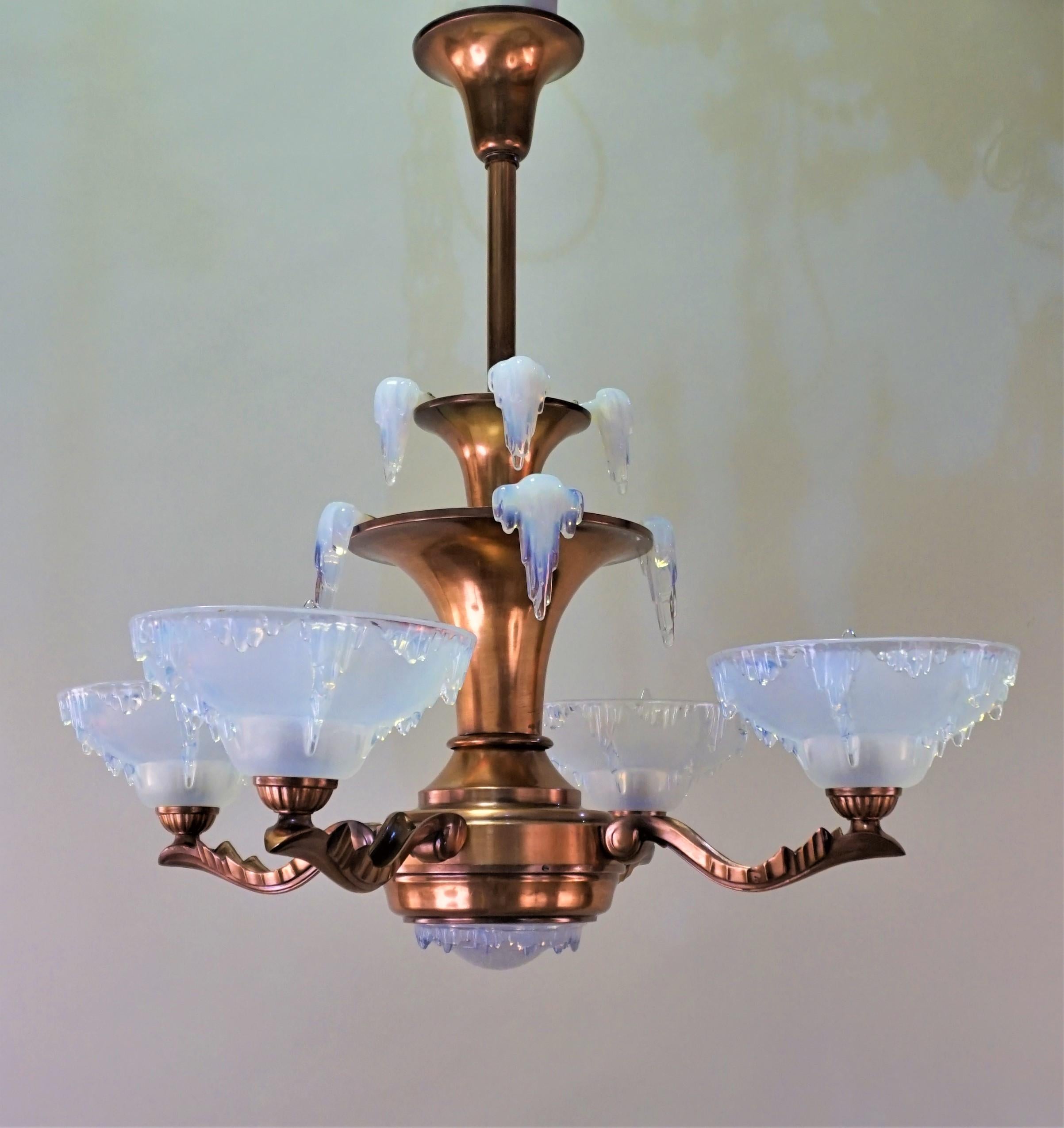 French Opalescent Glass Art Deco Chandelier by Ezan  3